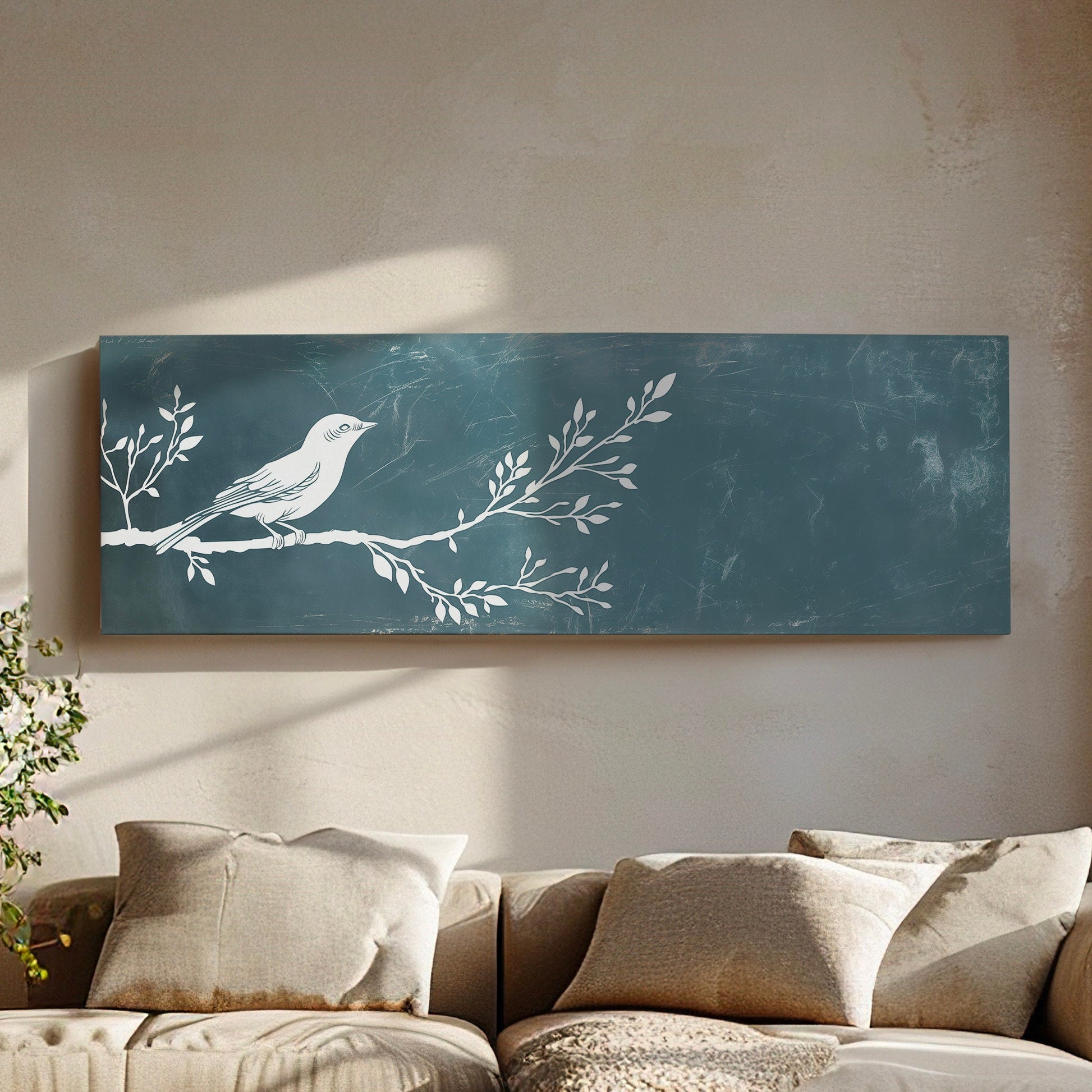Lone Bird Above Bed Wall Art Sage Blue, Panoramic Neutral Canvas Print, Nature Long Horizontal Canvas Art