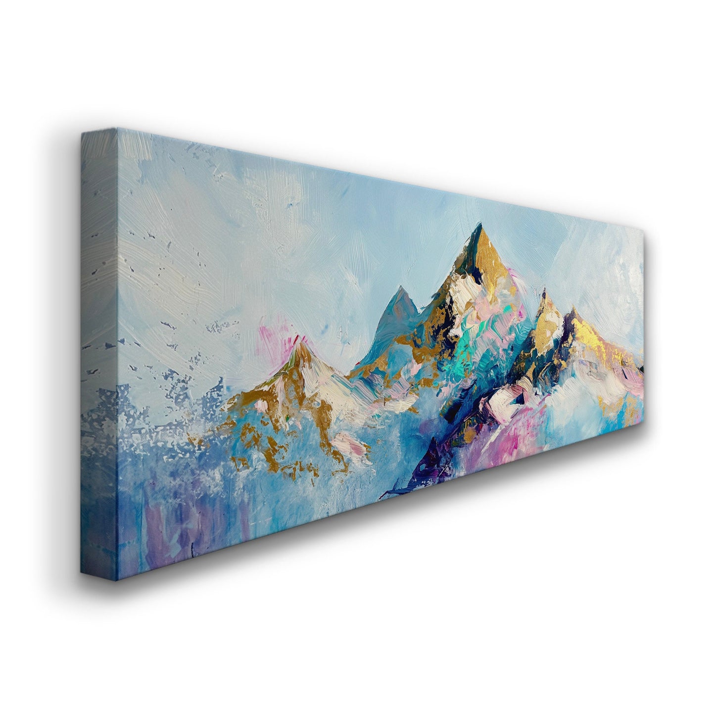 Imagined Mountains Above Bed Wall Art Fun Colors, Panoramic Minimal Canvas Print, Snowy Scene Long Horizontal Canvas Art