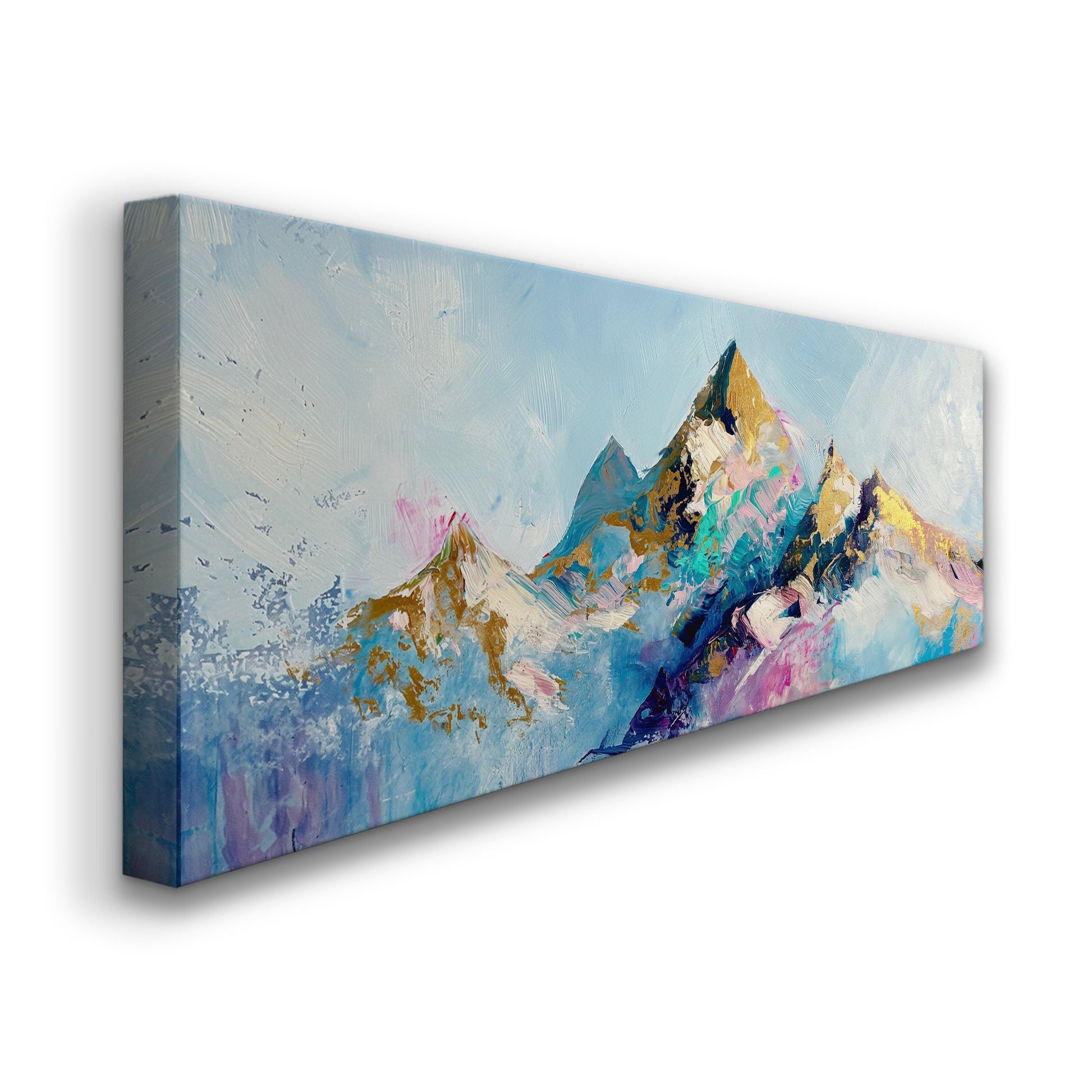 Imagined Mountains Above Bed Wall Art Fun Colors, Panoramic Minimal Canvas Print, Snowy Scene Long Horizontal Canvas Art