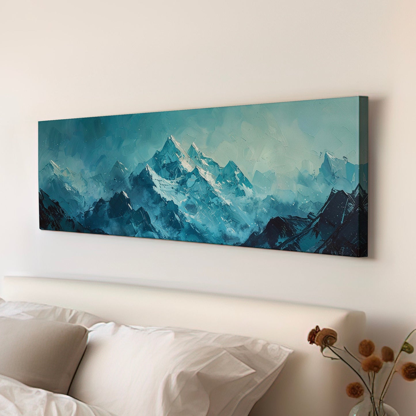 Icy Mountain Landscape Above Bed Wall Art Winter Scene, Panoramic Snowy Alps Canvas Print, Minimal Long Horizontal Canvas Art