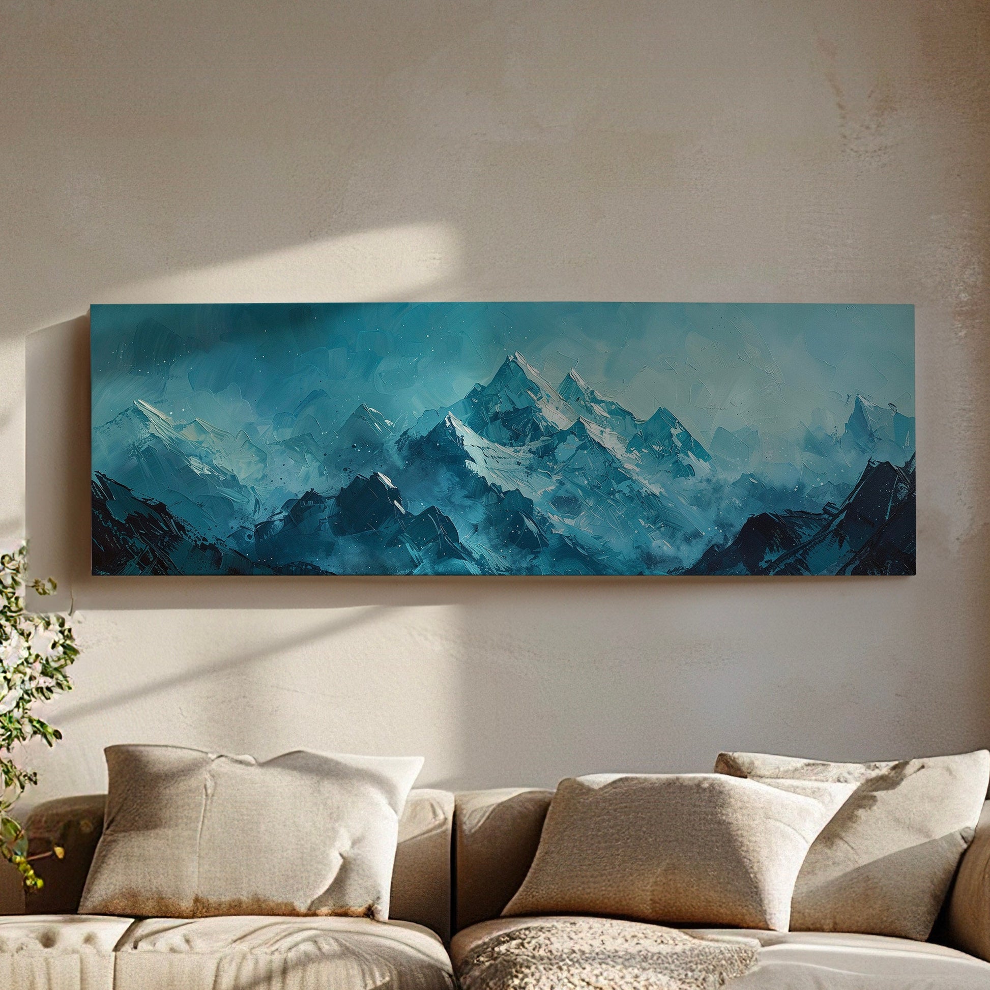Icy Mountain Landscape Above Bed Wall Art Winter Scene, Panoramic Snowy Alps Canvas Print, Minimal Long Horizontal Canvas Art