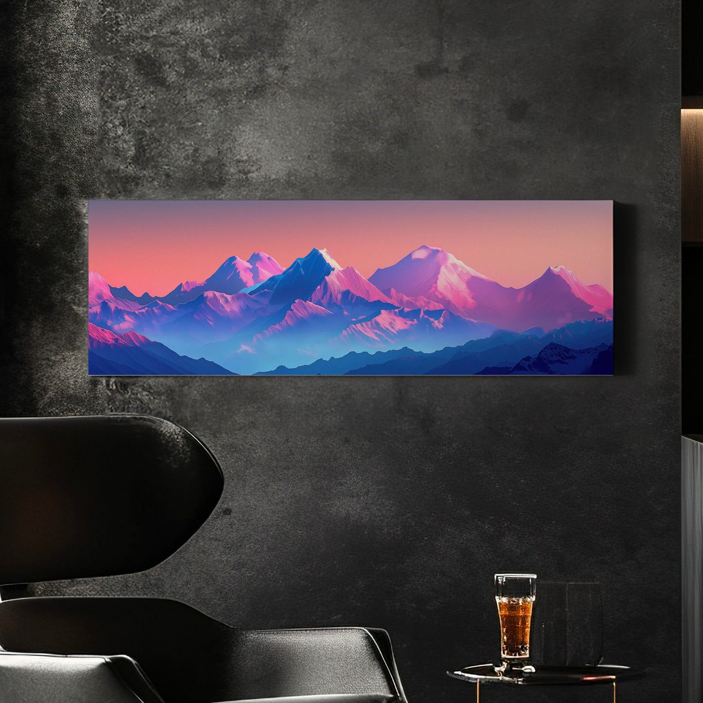 Himalayas in Vibrant Colors Above Bed Wall Art Vaporwave, Panoramic Synthwave Canvas Print, Pink And Purple Long Horizontal Canvas Art