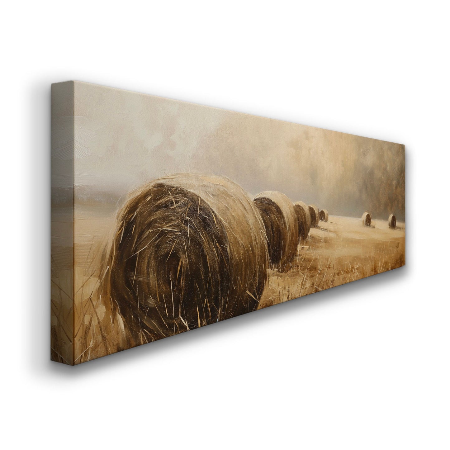 Hay Bales Above Bed Wall Art Countryside, Panoramic Farmhouse Canvas Print, Wheat Field Long Horizontal Canvas Art