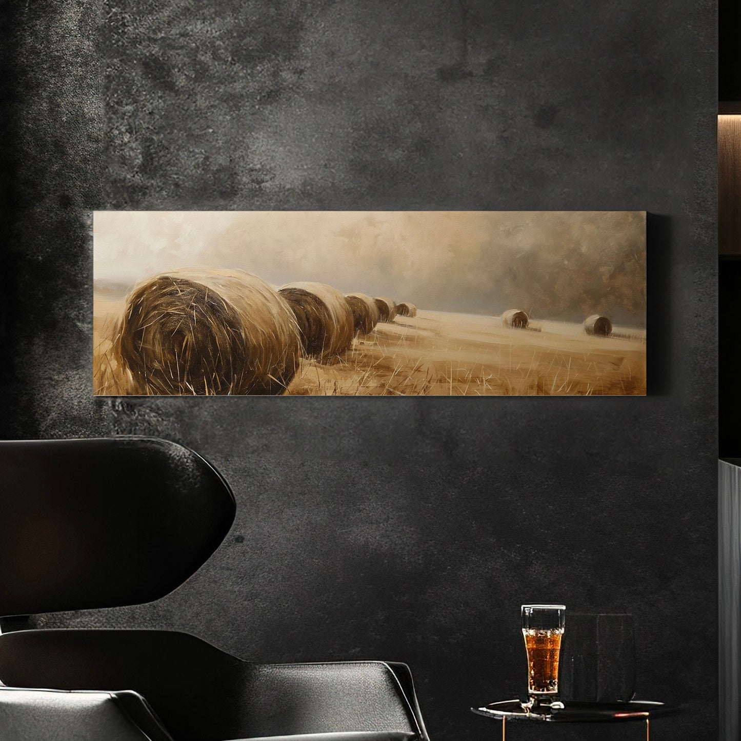 Hay Bales Above Bed Wall Art Countryside, Panoramic Farmhouse Canvas Print, Wheat Field Long Horizontal Canvas Art