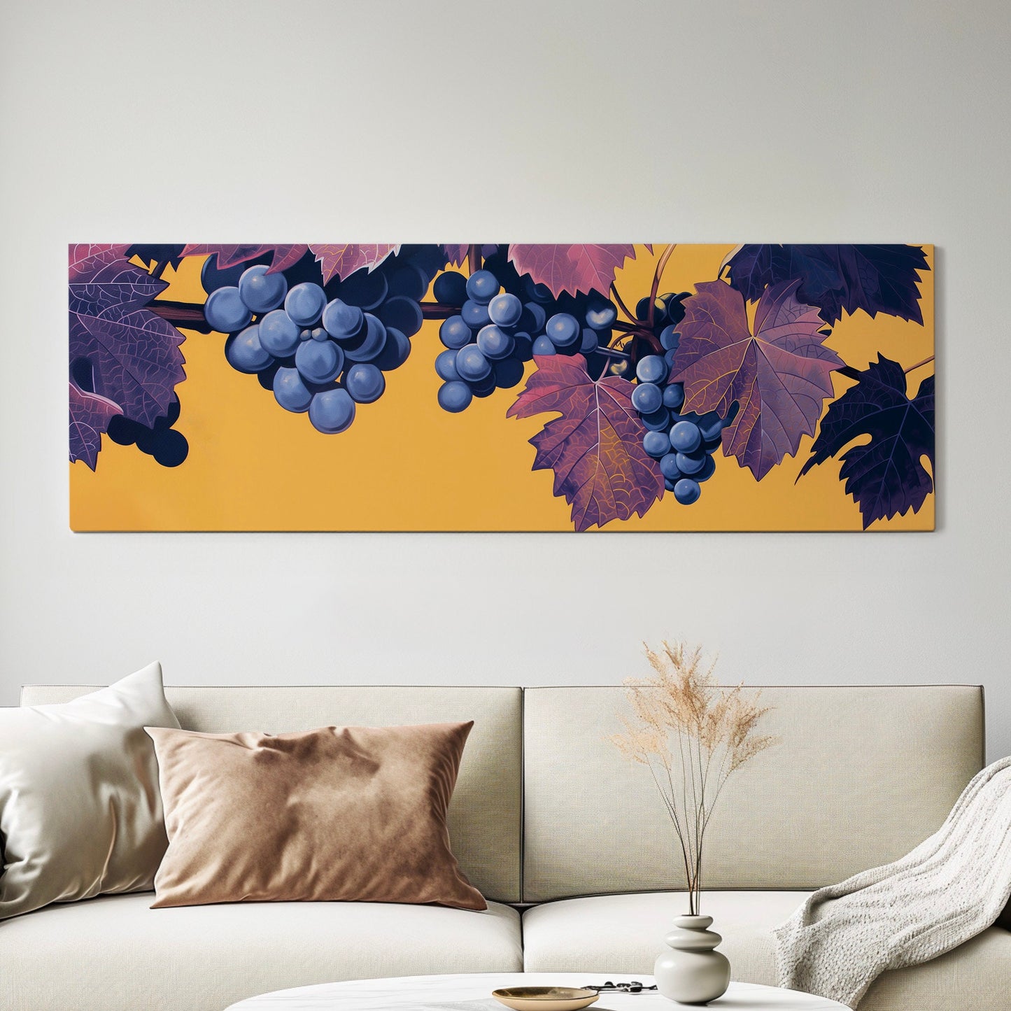 Grape Branch Above Bed Wall Art Minimal, Panoramic Wine Tasting Canvas Print, Vineyard Long Horizontal Canvas Art