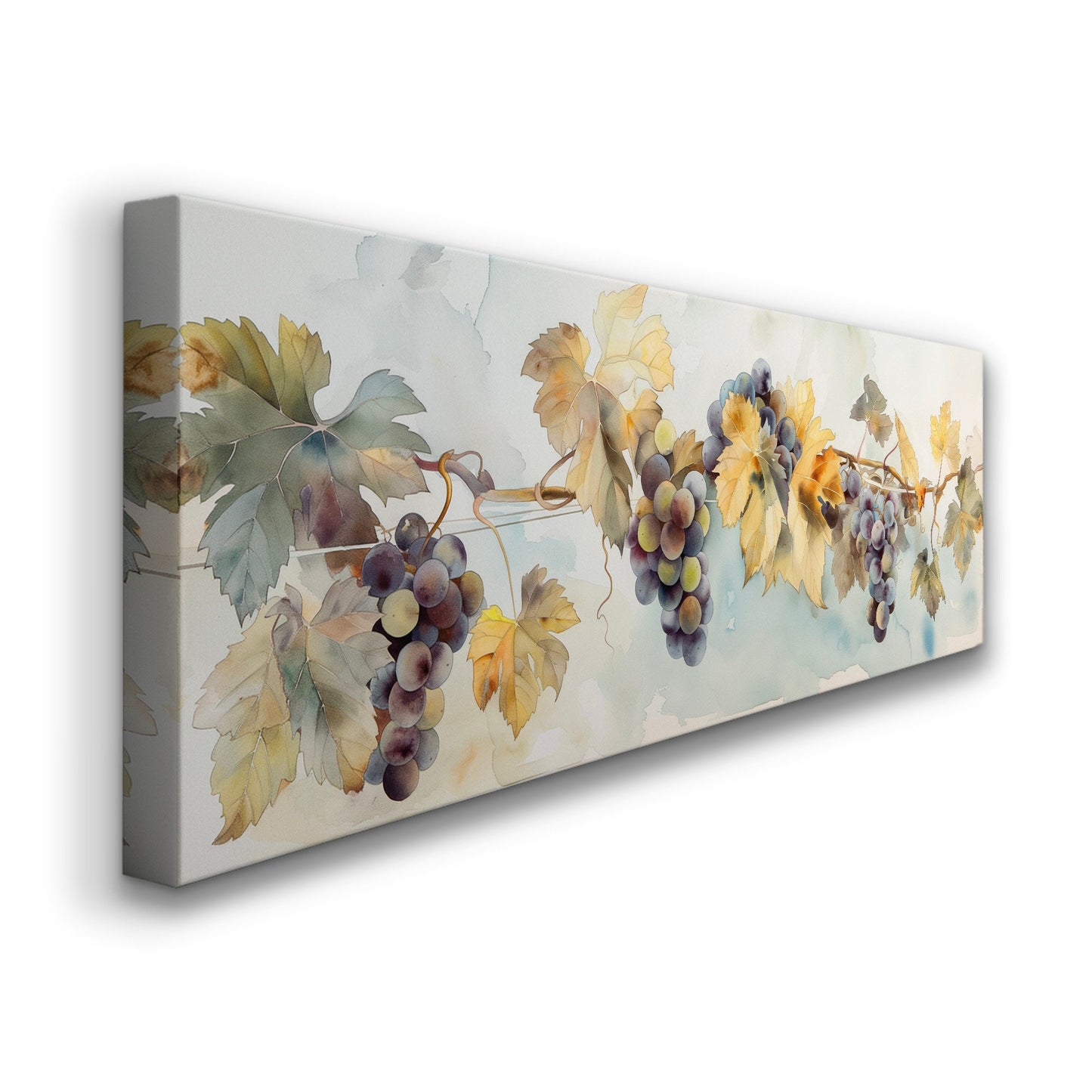 Grape Branch Above Bed Wall Art Countryside, Panoramic Wine Tasting Canvas Print, Vineyard Long Horizontal Canvas Art