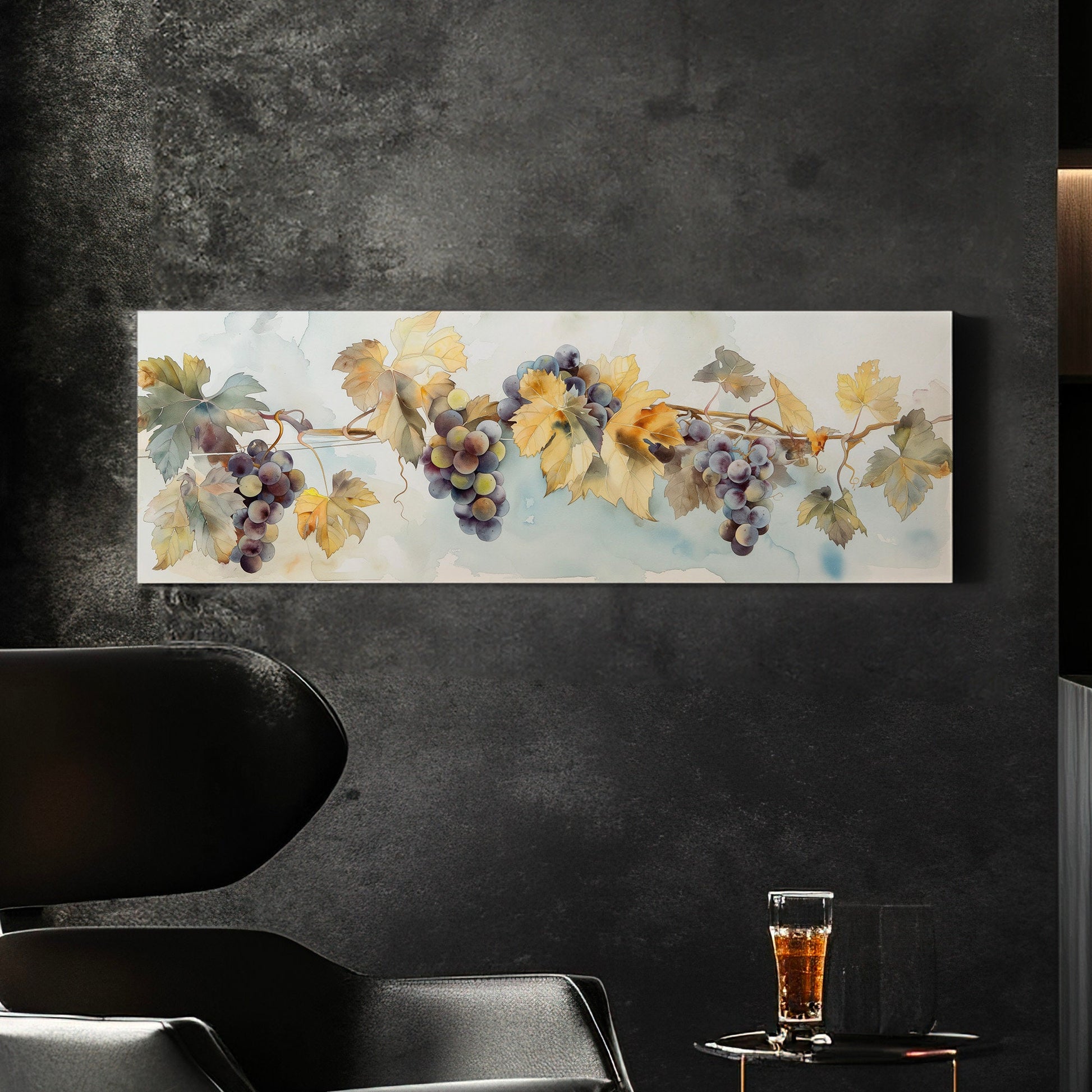 Grape Branch Above Bed Wall Art Countryside, Panoramic Wine Tasting Canvas Print, Vineyard Long Horizontal Canvas Art