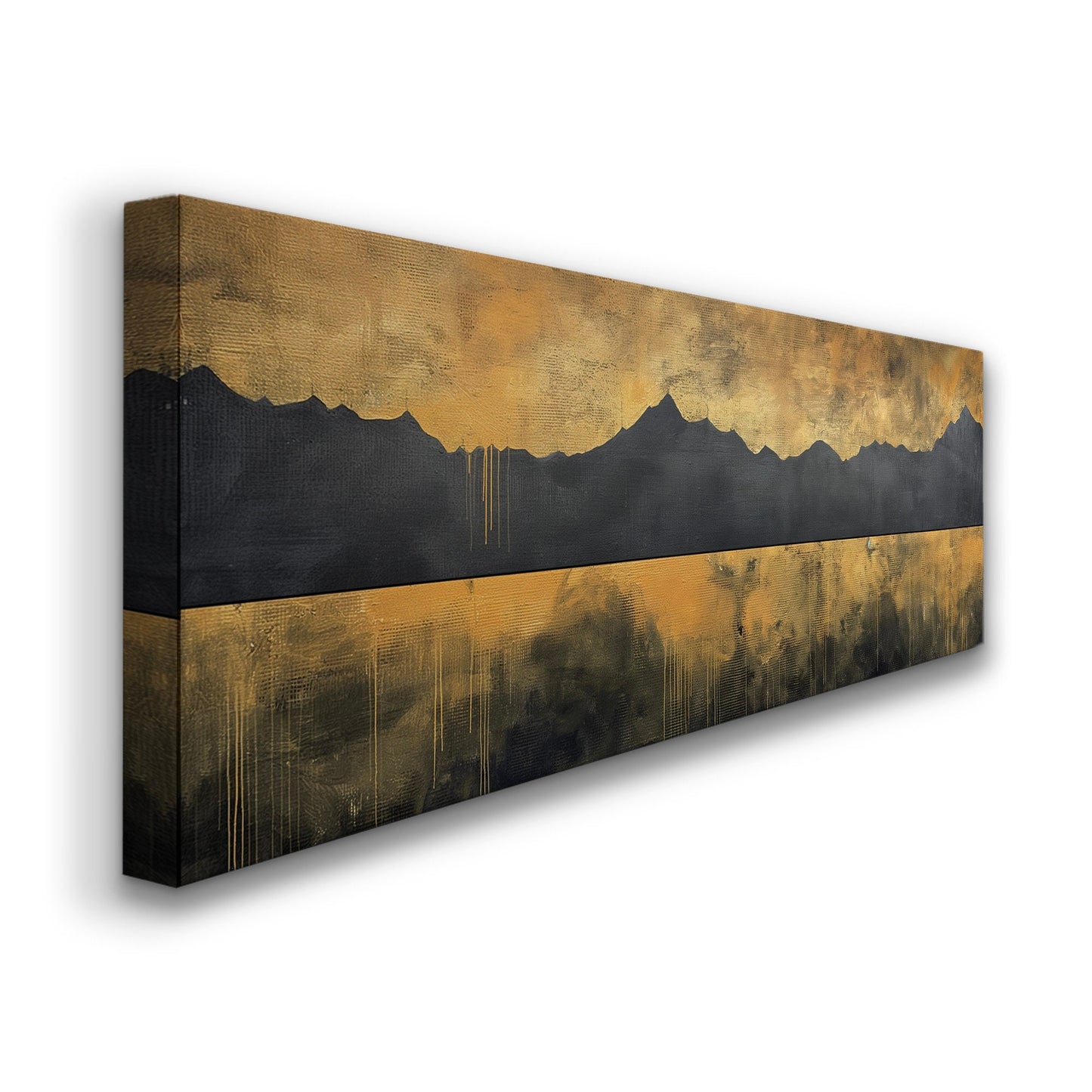 Golden Sunset By The Lake Above Bed Wall Art Mountain Landscape, Panoramic Abstract Canvas Print, Vintage Long Horizontal Canvas Art