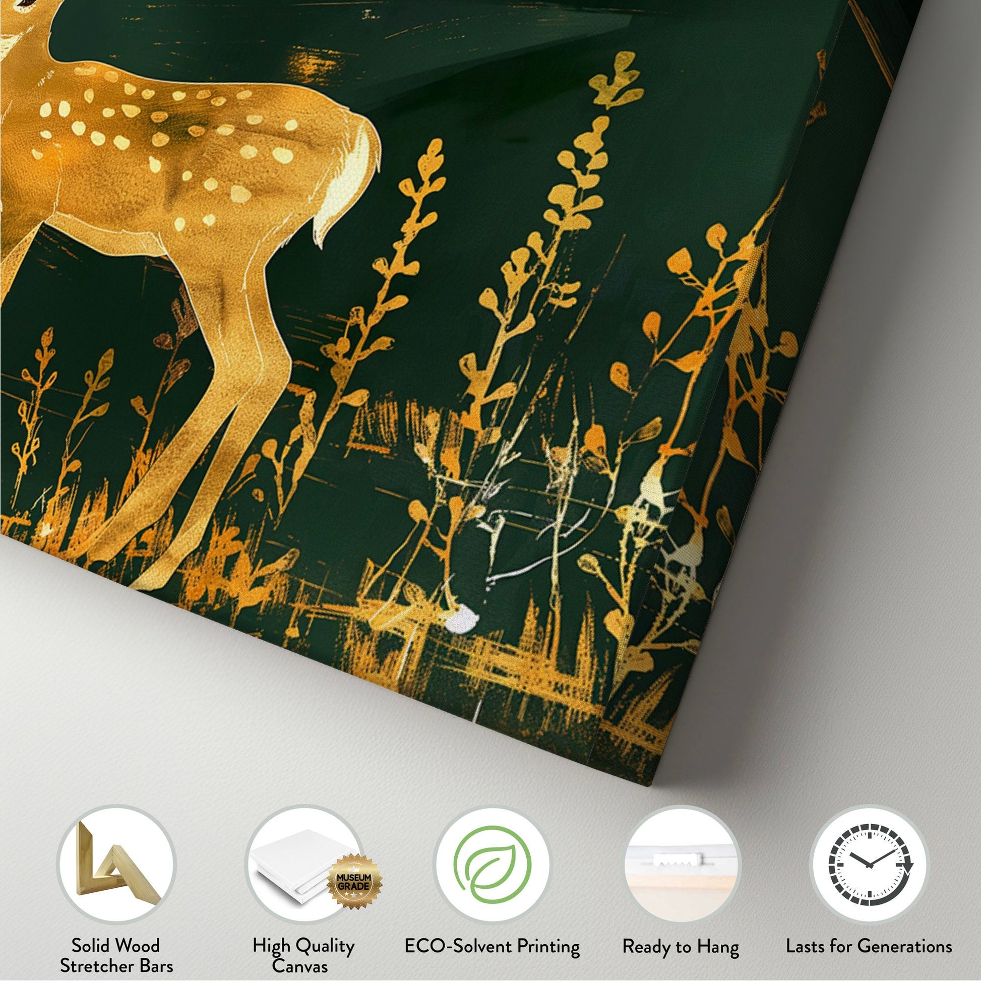 Gold And Green Deer Above Bed Wall Art Neutral, Panoramic Wildlife Canvas Print, Minimal Long Horizontal Canvas Art