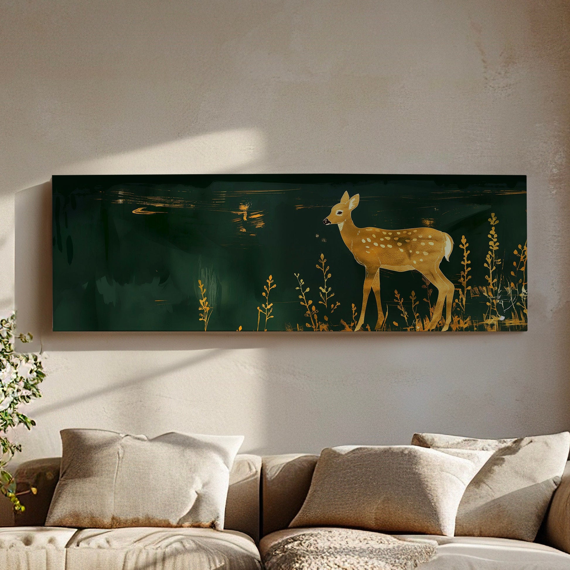 Gold And Green Deer Above Bed Wall Art Neutral, Panoramic Wildlife Canvas Print, Minimal Long Horizontal Canvas Art