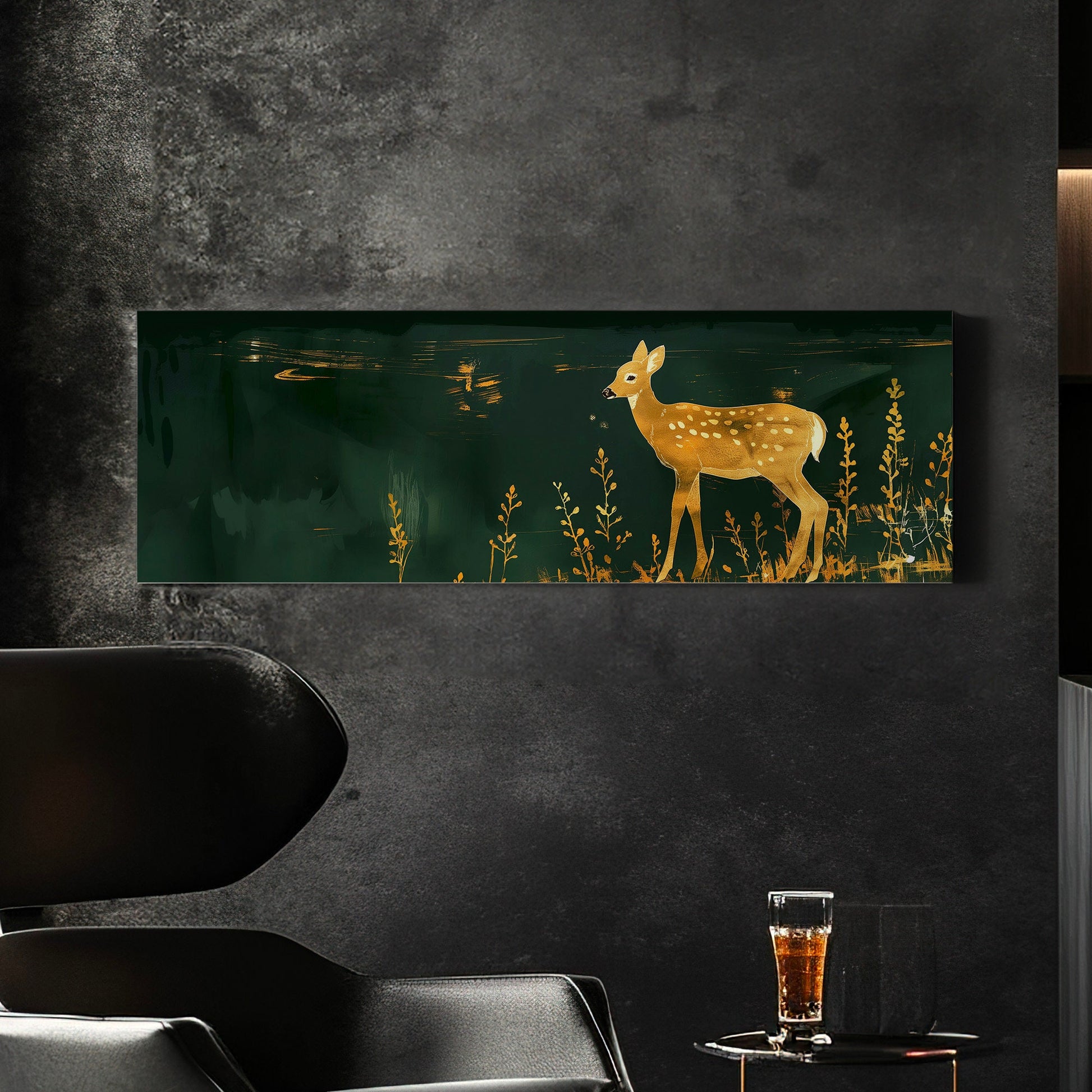 Gold And Green Deer Above Bed Wall Art Neutral, Panoramic Wildlife Canvas Print, Minimal Long Horizontal Canvas Art