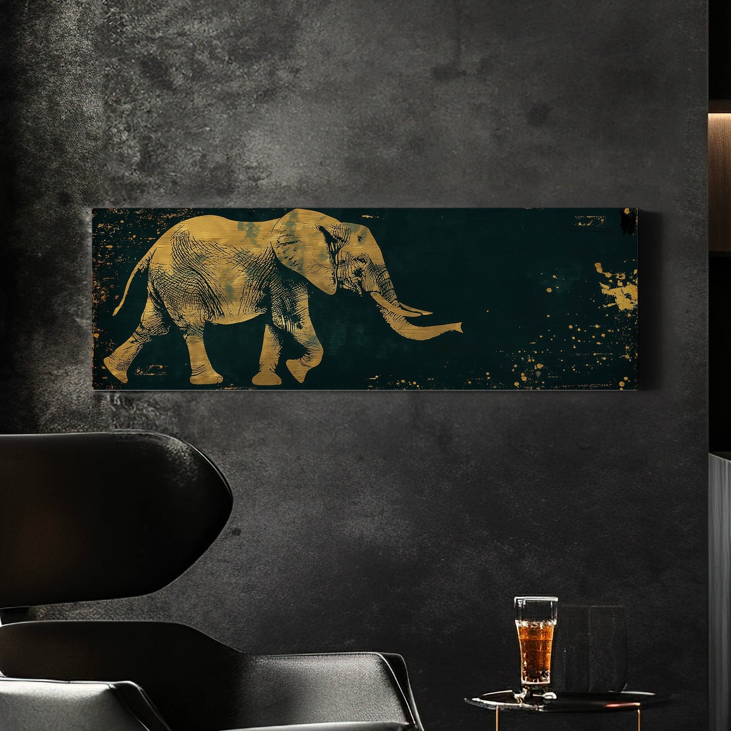 Gold And Green African Elephant Above Bed Wall Art African, Panoramic Wildlife Canvas Print, Safari Long Horizontal Canvas Art