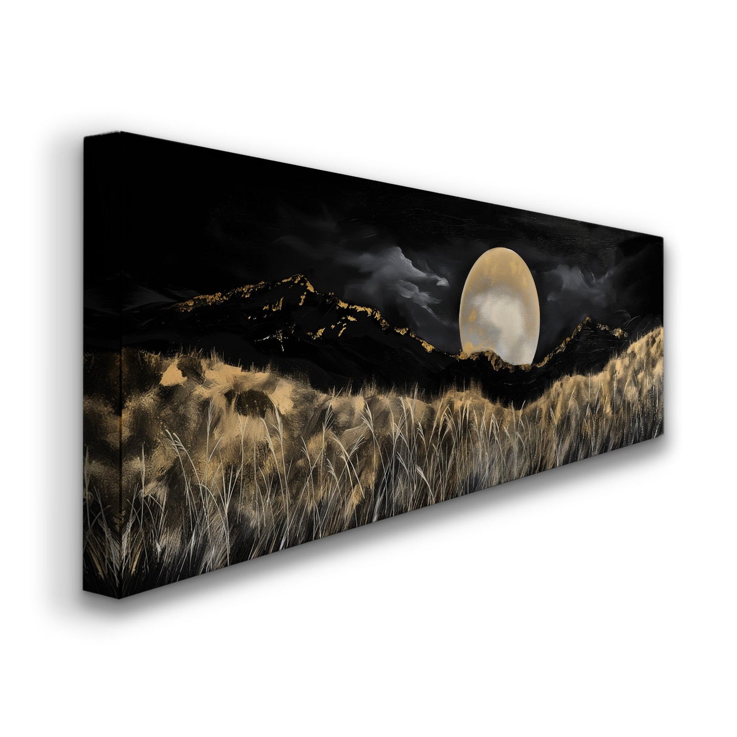 Full Moon above the Wildflowers Above Bed Wall Art Midnight, Panoramic Nature Canvas Print, Mystical Long Horizontal Canvas Art
