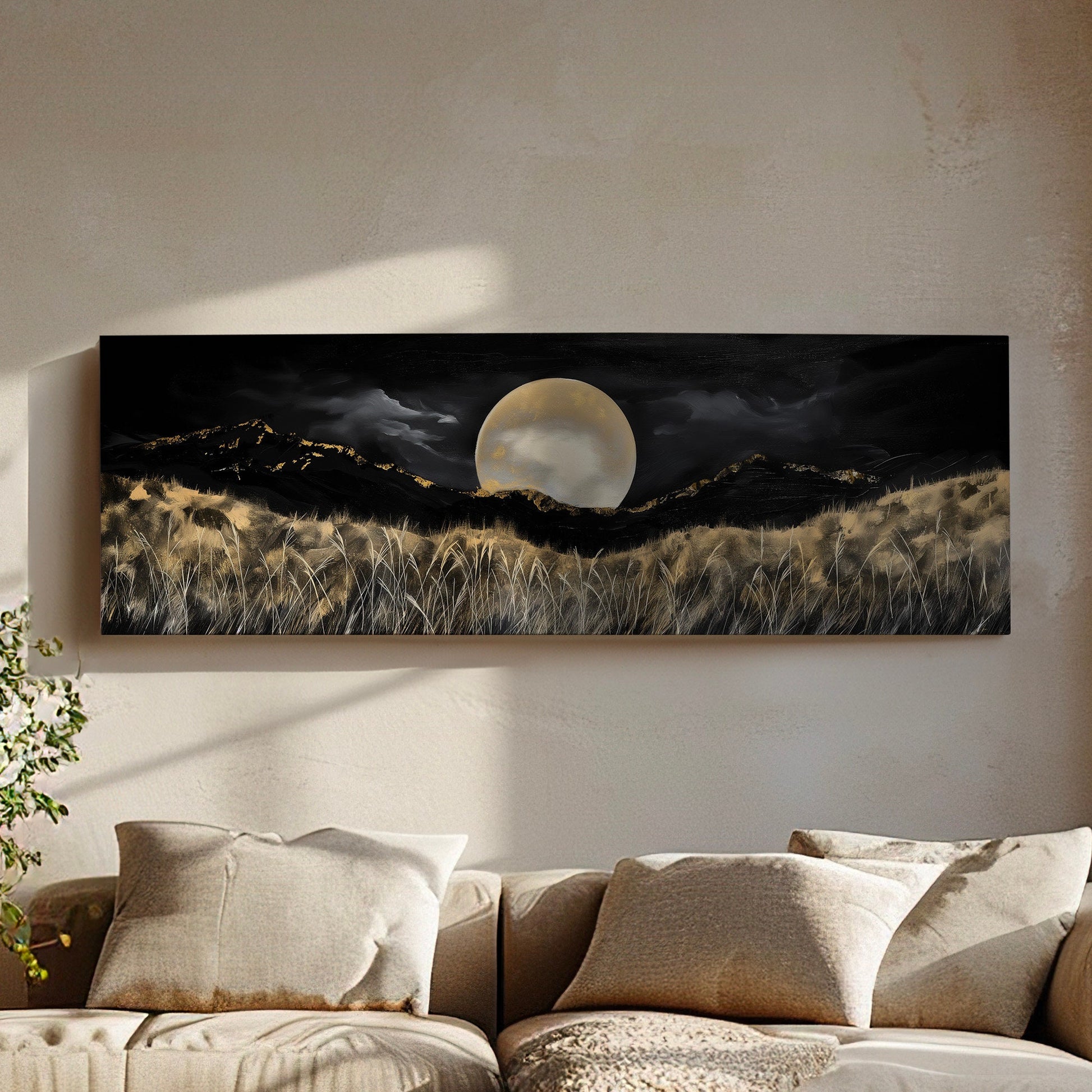 Full Moon above the Wildflowers Above Bed Wall Art Midnight, Panoramic Nature Canvas Print, Mystical Long Horizontal Canvas Art