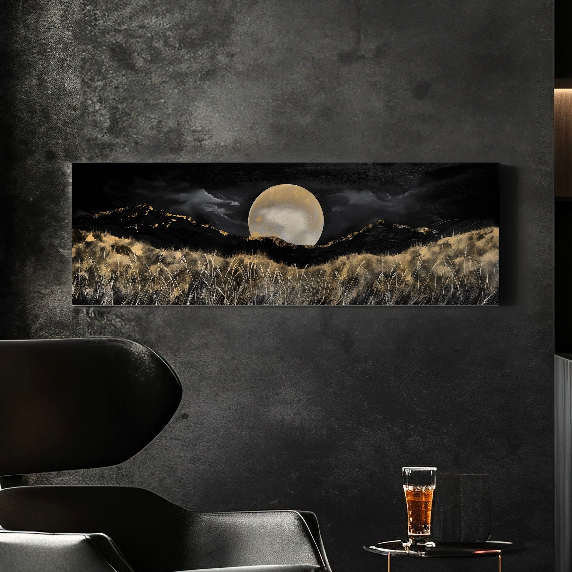 Full Moon above the Wildflowers Above Bed Wall Art Midnight, Panoramic Nature Canvas Print, Mystical Long Horizontal Canvas Art