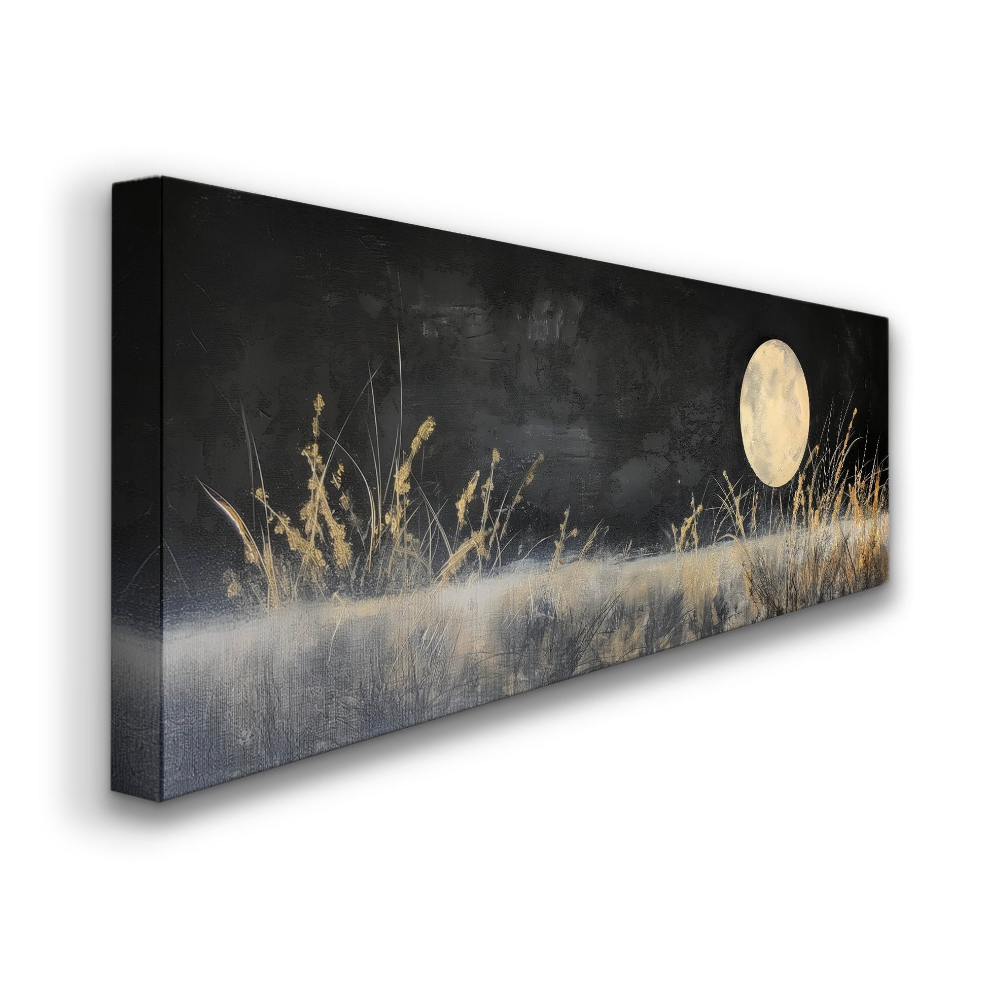 Full Moon above the Wildflower Field Above Bed Wall Art Midnight, Panoramic Nature Canvas Print, Gold and Black Long Horizontal Canvas Art