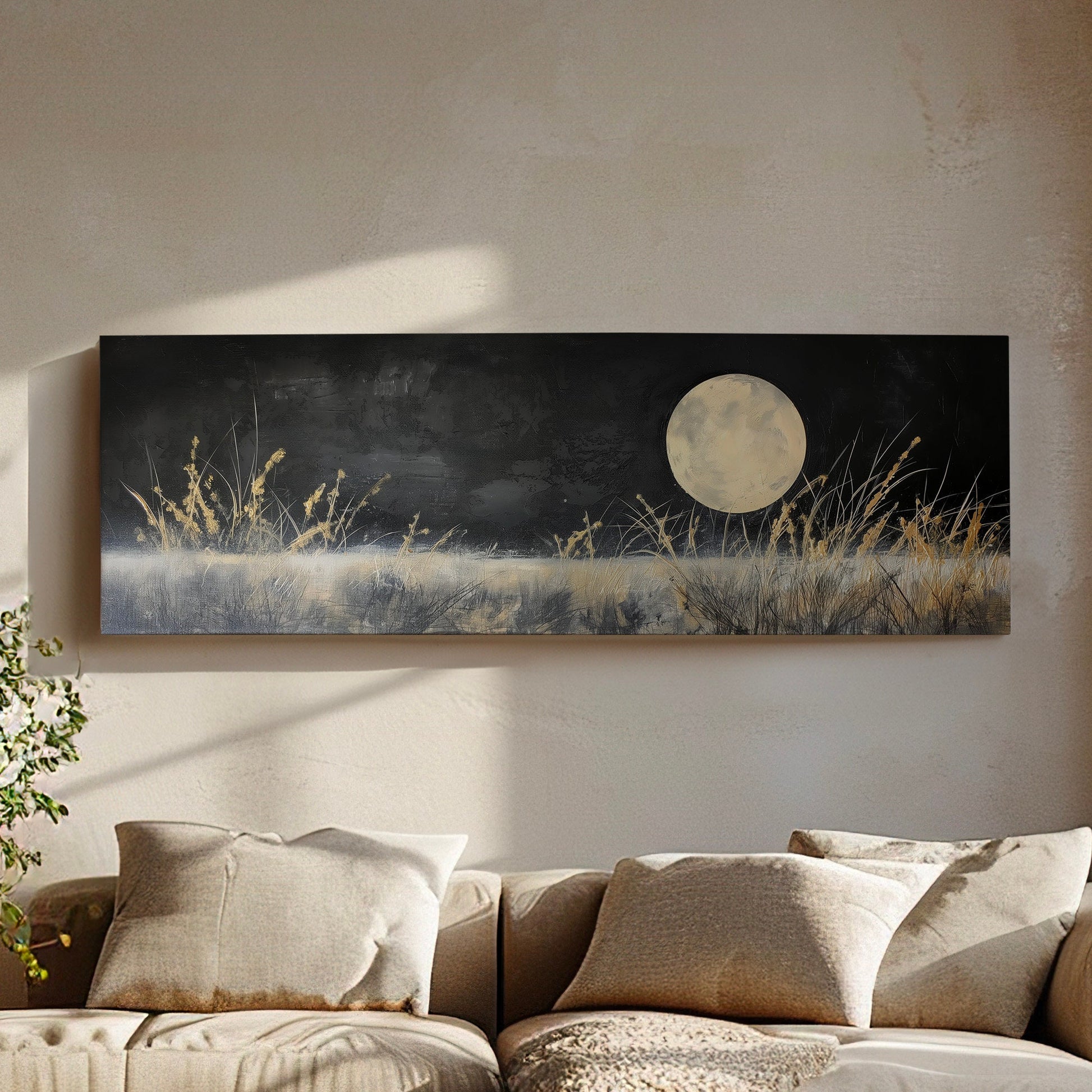 Full Moon above the Wildflower Field Above Bed Wall Art Midnight, Panoramic Nature Canvas Print, Gold and Black Long Horizontal Canvas Art