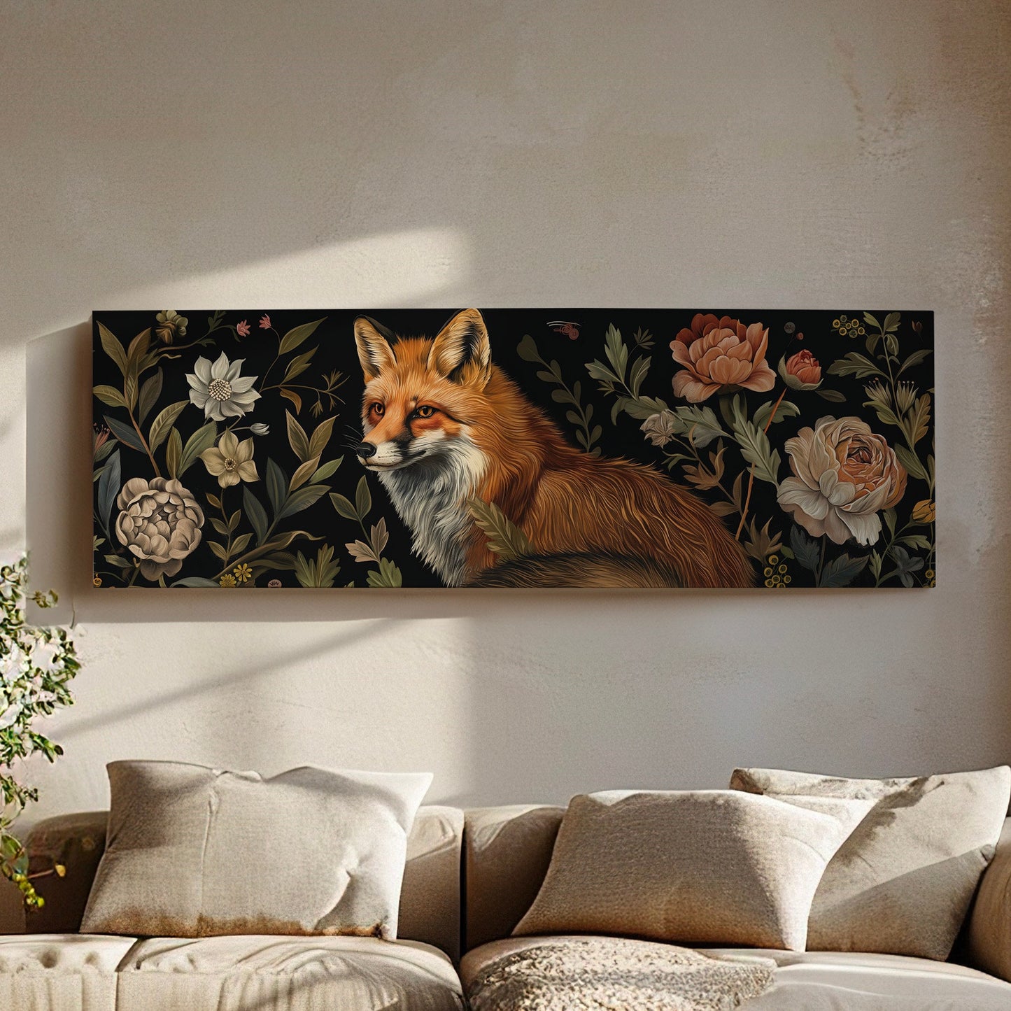 Fox In The Forest Above Bed Wall Art Wildlife, Panoramic Floral Canvas Print, Renaissance Long Horizontal Canvas Art