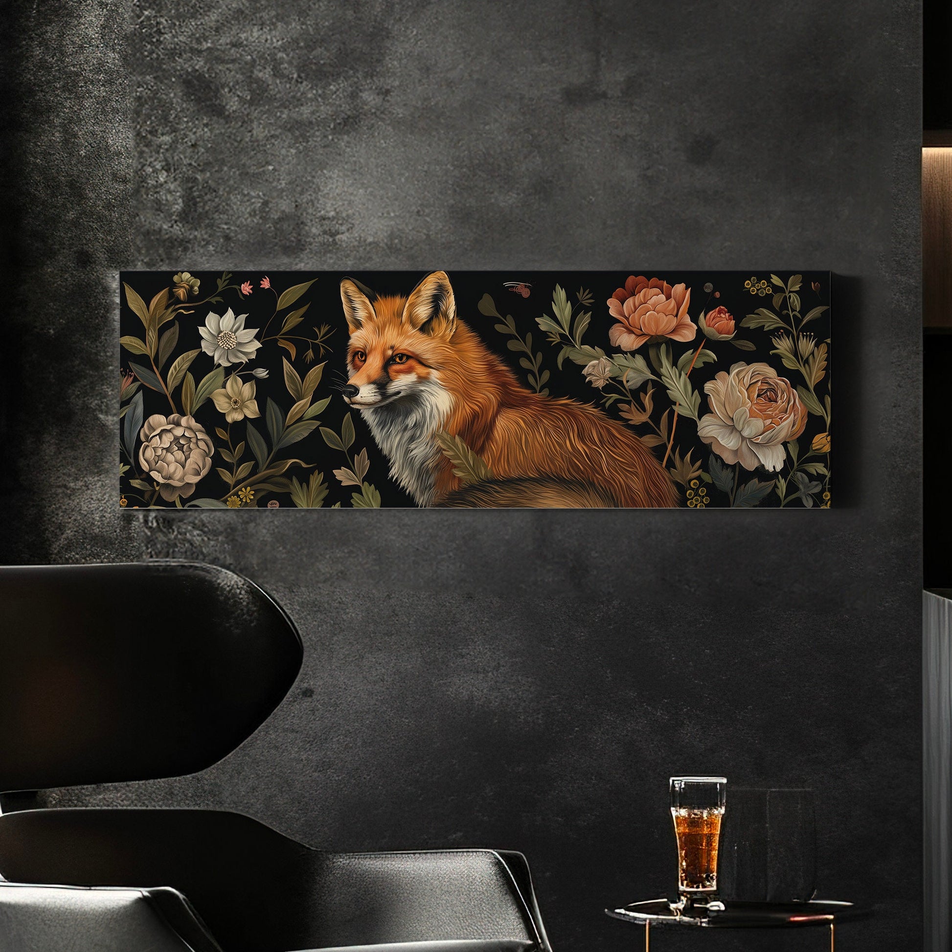 Fox In The Forest Above Bed Wall Art Wildlife, Panoramic Floral Canvas Print, Renaissance Long Horizontal Canvas Art