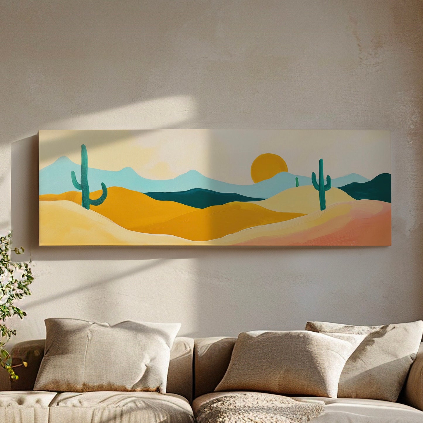 Abstract Cactus Above Bed Wall Art Southwestern, Panoramic Cowboy Canvas Print, Landscape Long Horizontal Canvas Art