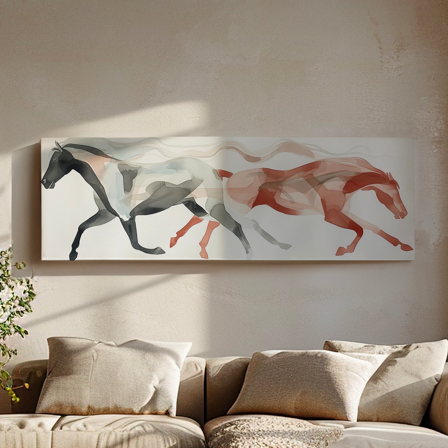 Abstract Twin Horses Above Bed Wall Art Modern, Panoramic Minimal Canvas Print, Farmhouse Long Horizontal Canvas Art