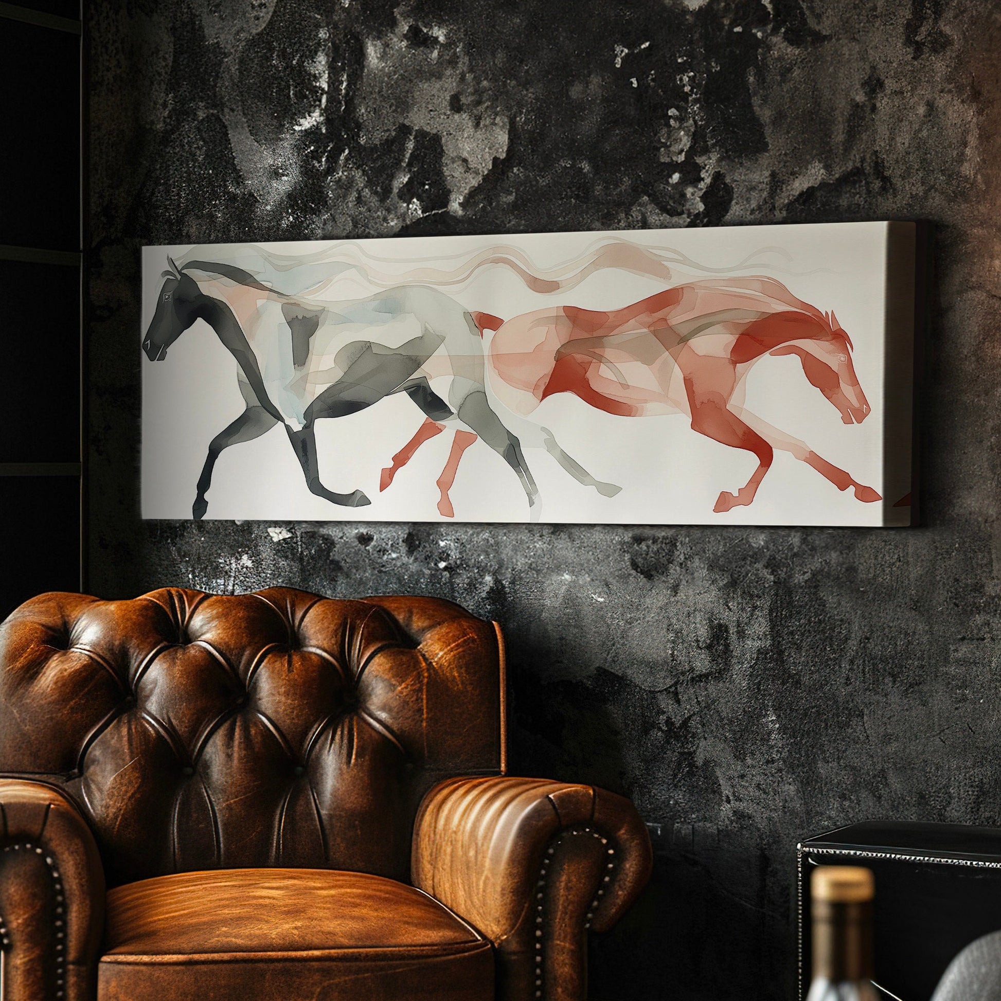 Abstract Twin Horses Above Bed Wall Art Modern, Panoramic Minimal Canvas Print, Farmhouse Long Horizontal Canvas Art