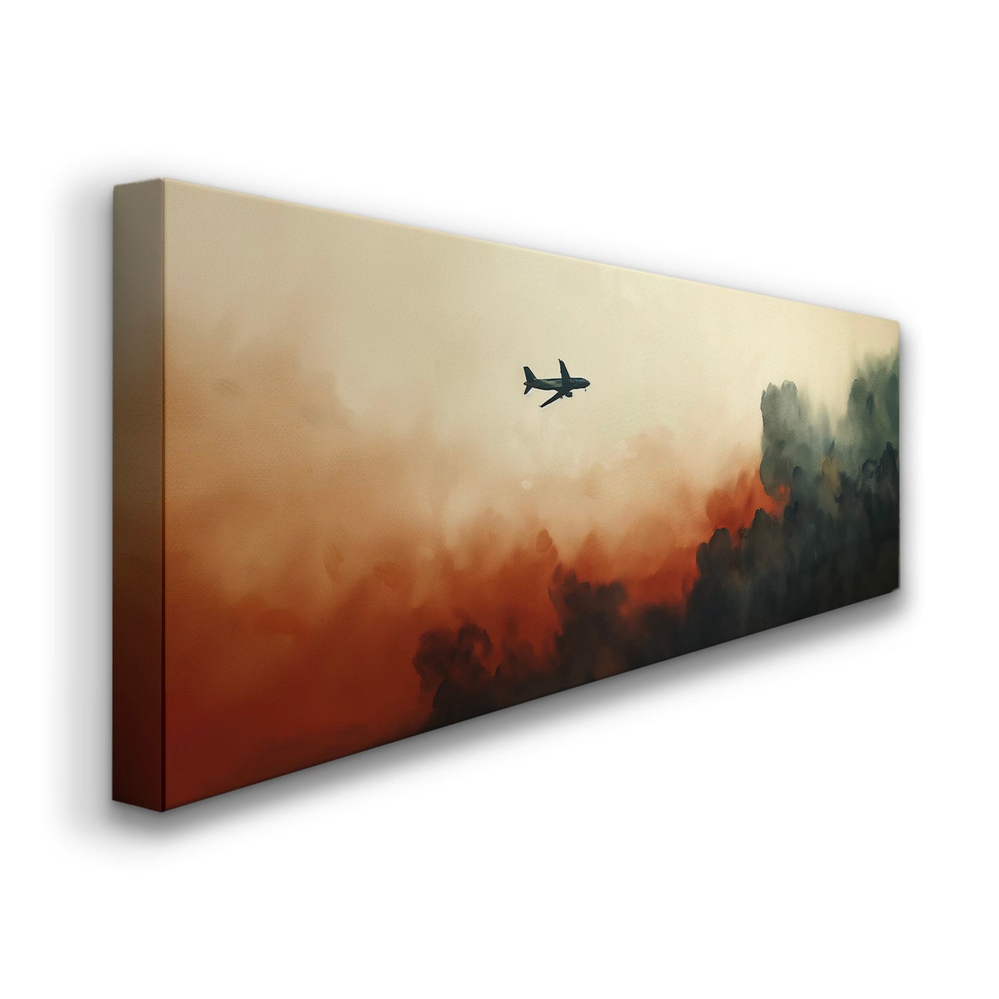 Airplane Above The Clouds Above Bed Wall Art Moody, Panoramic Aviation Canvas Print, Sky Long Horizontal Canvas Art