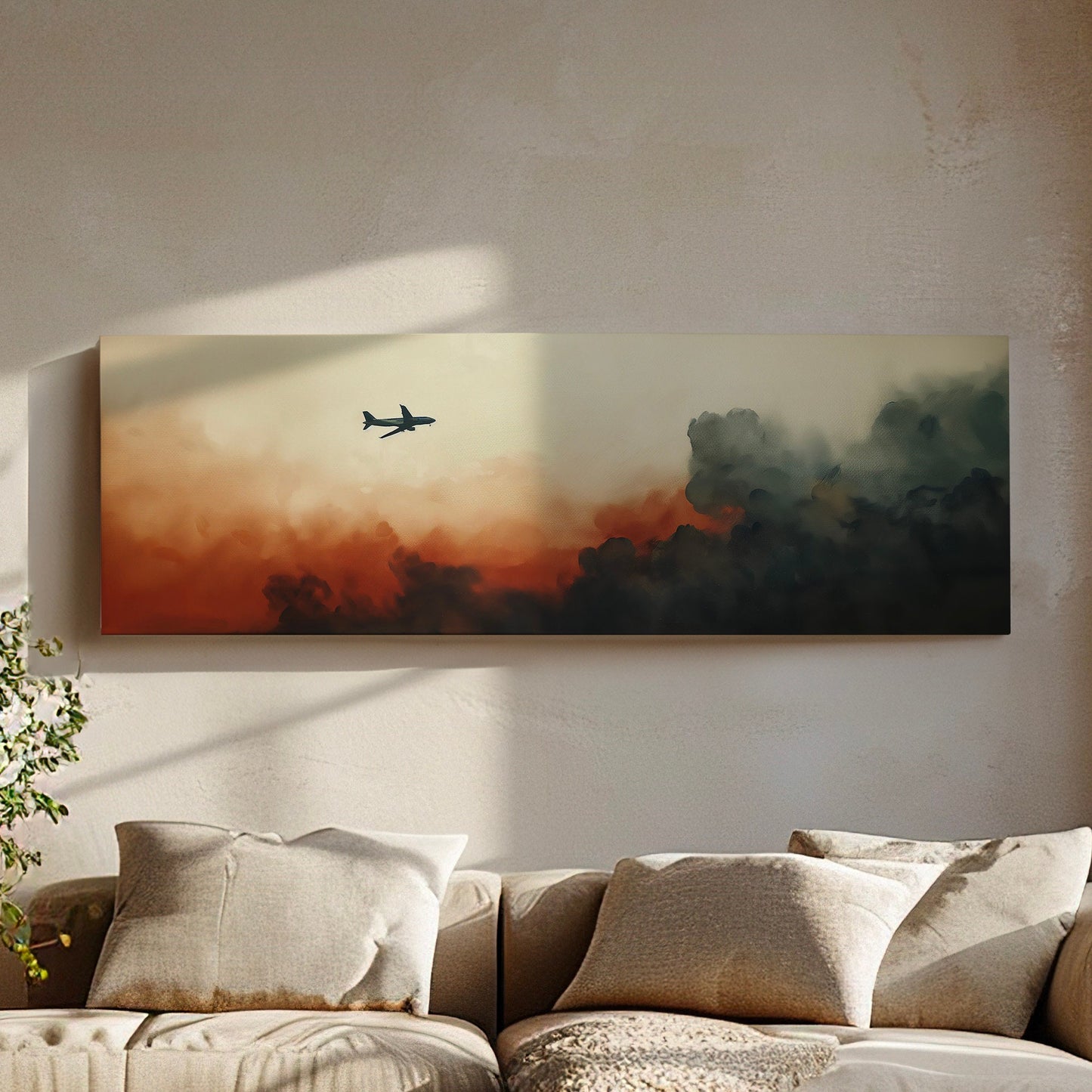 Airplane Above The Clouds Above Bed Wall Art Moody, Panoramic Aviation Canvas Print, Sky Long Horizontal Canvas Art