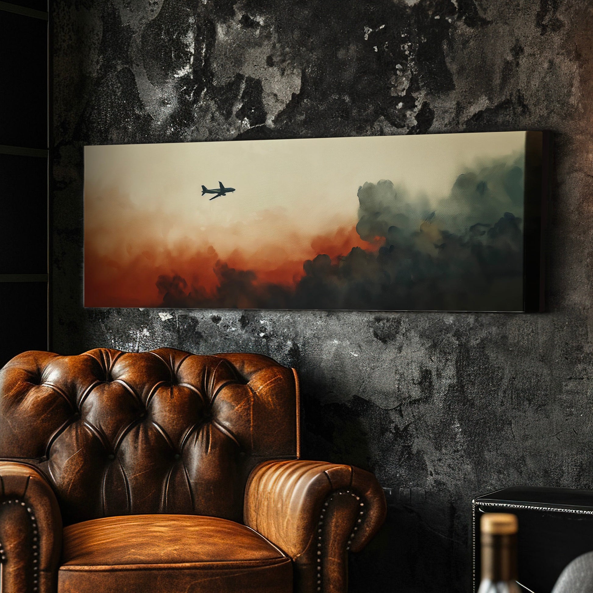 Airplane Above The Clouds Above Bed Wall Art Moody, Panoramic Aviation Canvas Print, Sky Long Horizontal Canvas Art