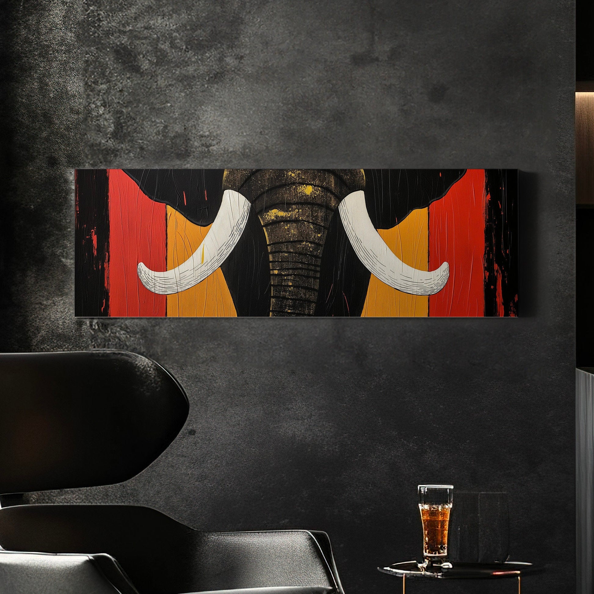 Art Deco African Elephant Above Bed Wall Art African, Panoramic Wildlife Canvas Print, Safari Long Horizontal Canvas Art