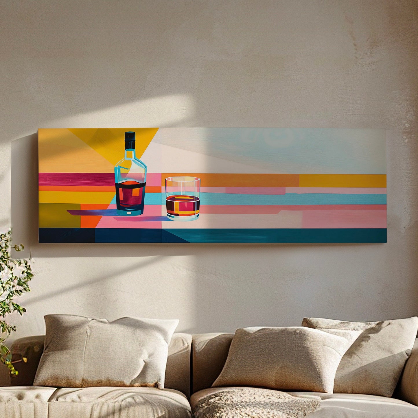 Art Deco Whiskey Bar Above Bed Wall Art Bourbon Bar, Panoramic Scotch Canvas Print, Man Cave Long Horizontal Canvas Art