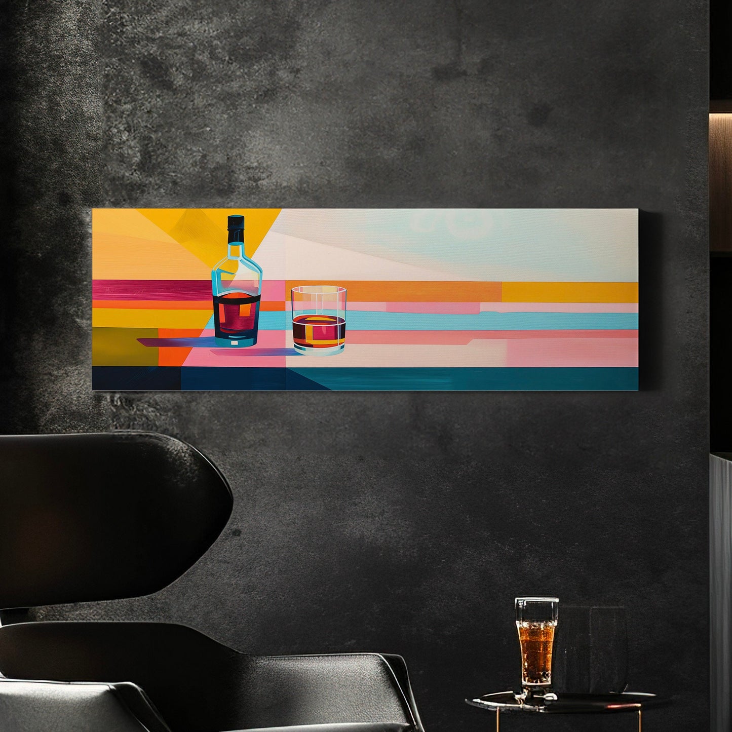 Art Deco Whiskey Bar Above Bed Wall Art Bourbon Bar, Panoramic Scotch Canvas Print, Man Cave Long Horizontal Canvas Art
