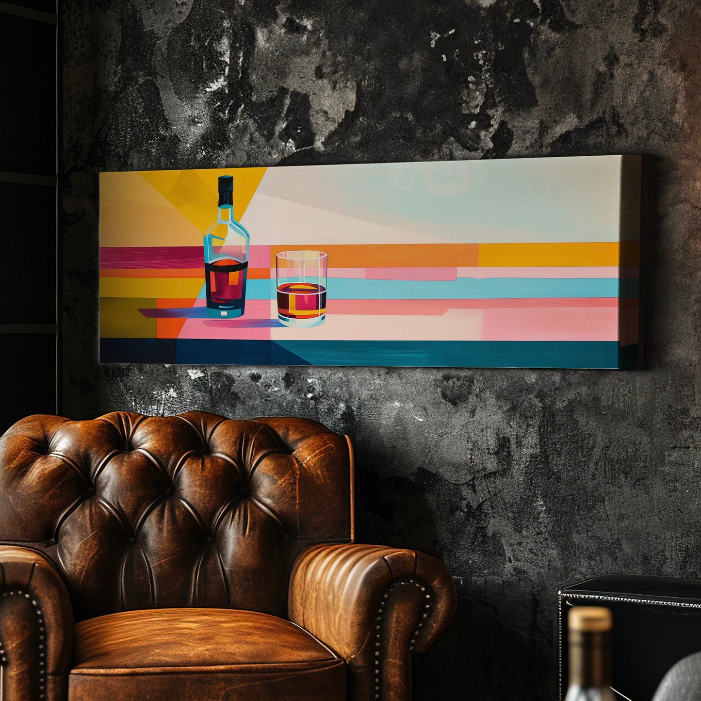 Art Deco Whiskey Bar Above Bed Wall Art Bourbon Bar, Panoramic Scotch Canvas Print, Man Cave Long Horizontal Canvas Art