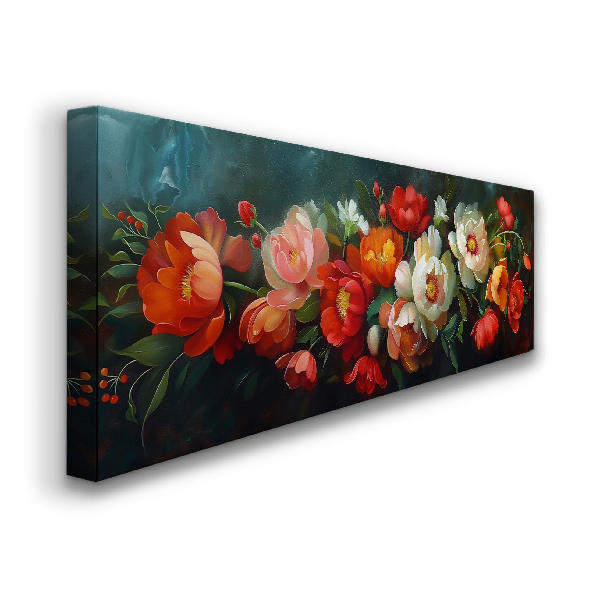 Baroque Bouquet Above Bed Wall Art Peony, Panoramic Floral Canvas Print, Impressionist Long Horizontal Canvas Art