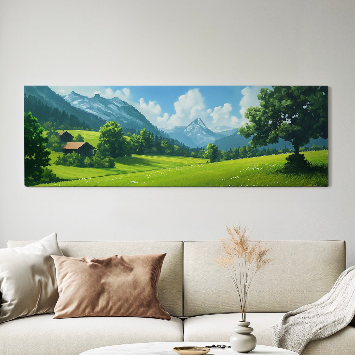 Beautiful Scene in Tirol Above Bed Wall Art Mountain Landscape, Panoramic Minimal Canvas Print, Green Field Long Horizontal Canvas Art