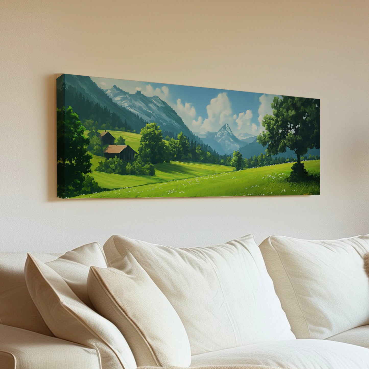 Beautiful Scene in Tirol Above Bed Wall Art Mountain Landscape, Panoramic Minimal Canvas Print, Green Field Long Horizontal Canvas Art