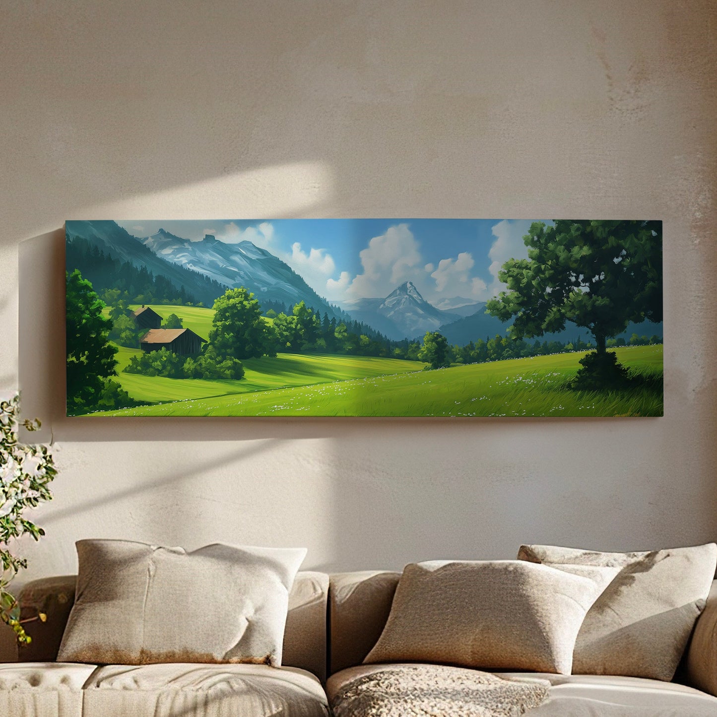 Beautiful Scene in Tirol Above Bed Wall Art Mountain Landscape, Panoramic Minimal Canvas Print, Green Field Long Horizontal Canvas Art