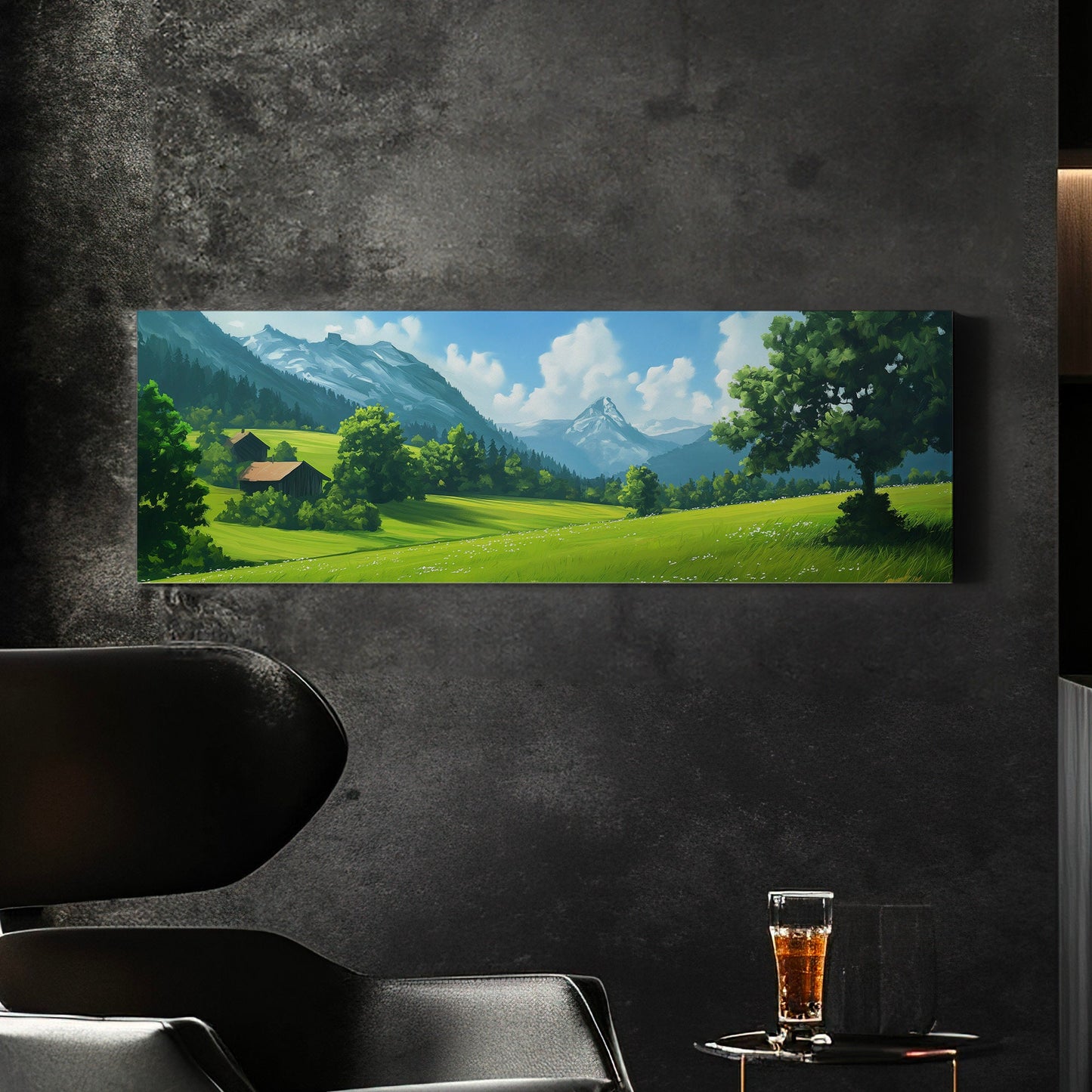 Beautiful Scene in Tirol Above Bed Wall Art Mountain Landscape, Panoramic Minimal Canvas Print, Green Field Long Horizontal Canvas Art