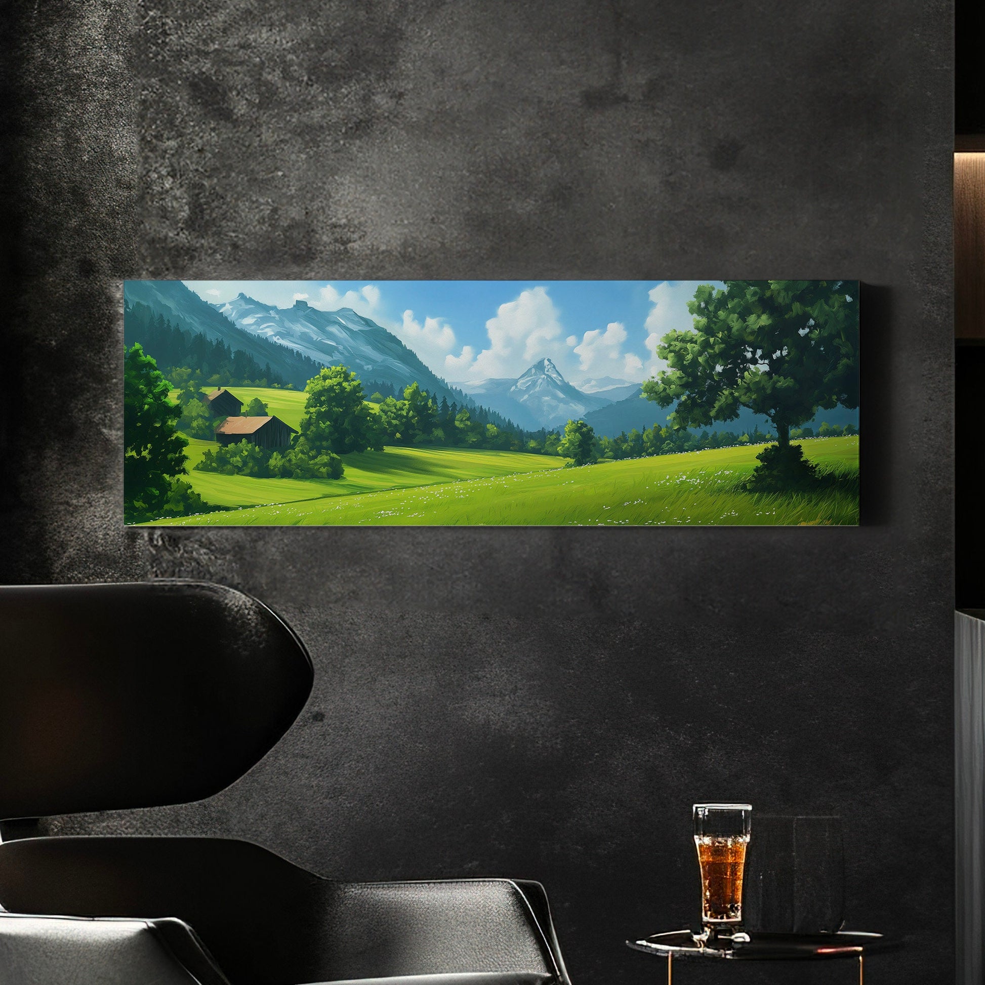 Beautiful Scene in Tirol Above Bed Wall Art Mountain Landscape, Panoramic Minimal Canvas Print, Green Field Long Horizontal Canvas Art