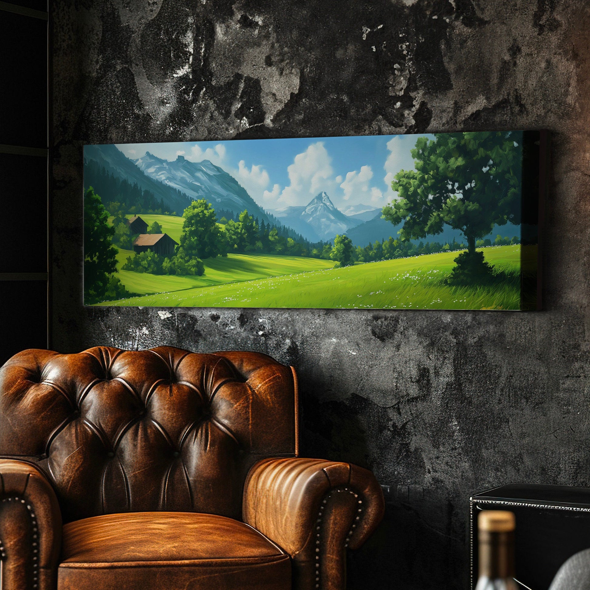 Beautiful Scene in Tirol Above Bed Wall Art Mountain Landscape, Panoramic Minimal Canvas Print, Green Field Long Horizontal Canvas Art