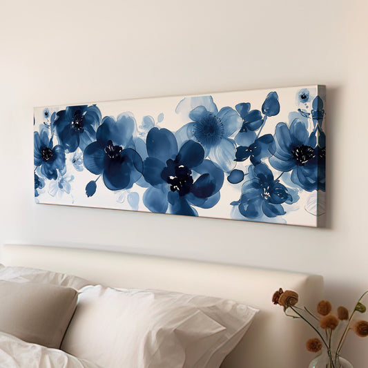 Blue Peony Above Bed Wall Art Bouquet, Panoramic Blue Floral Canvas Print, Flower Long Horizontal Canvas Art