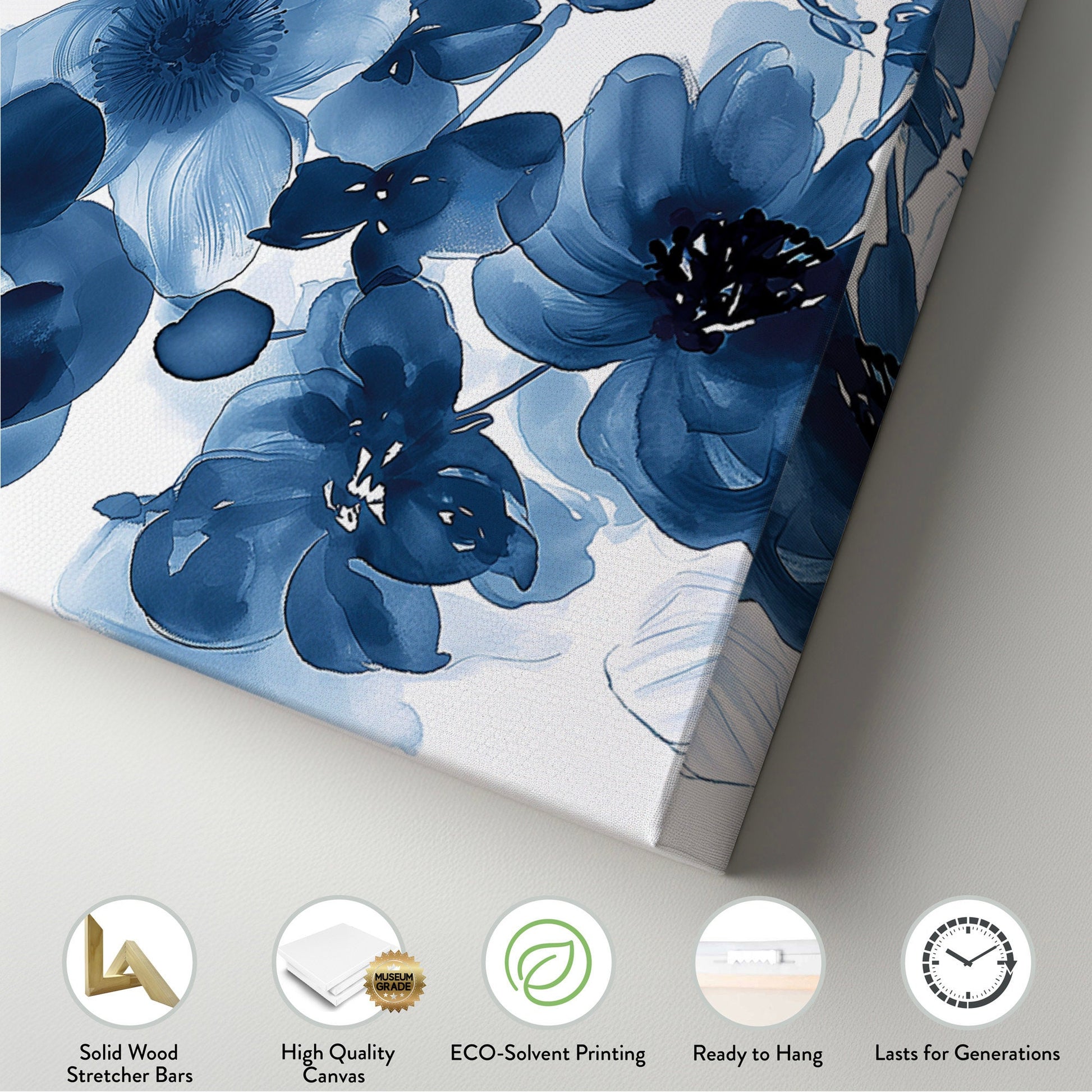 Blue Peony Above Bed Wall Art Bouquet, Panoramic Blue Floral Canvas Print, Flower Long Horizontal Canvas Art