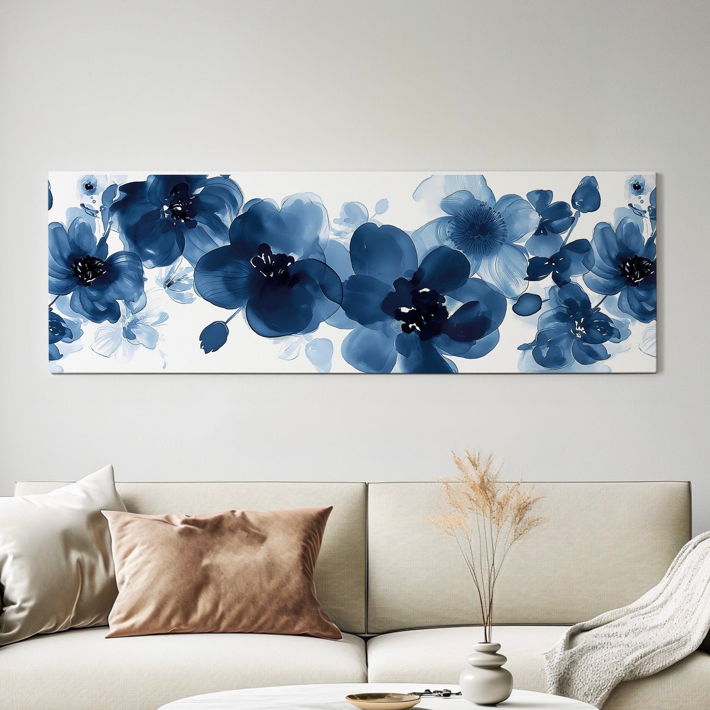 Blue Peony Above Bed Wall Art Bouquet, Panoramic Blue Floral Canvas Print, Flower Long Horizontal Canvas Art