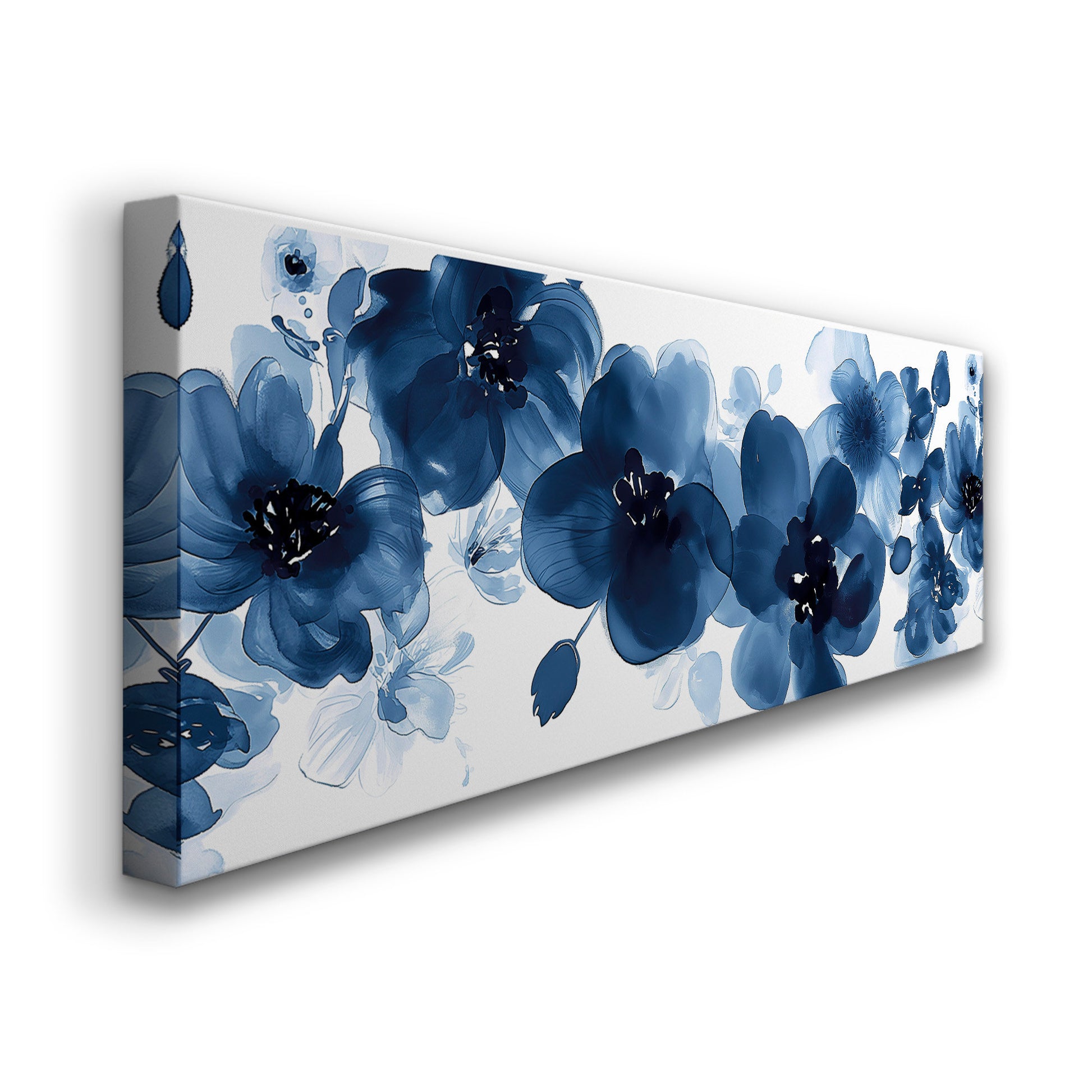 Blue Peony Above Bed Wall Art Bouquet, Panoramic Blue Floral Canvas Print, Flower Long Horizontal Canvas Art