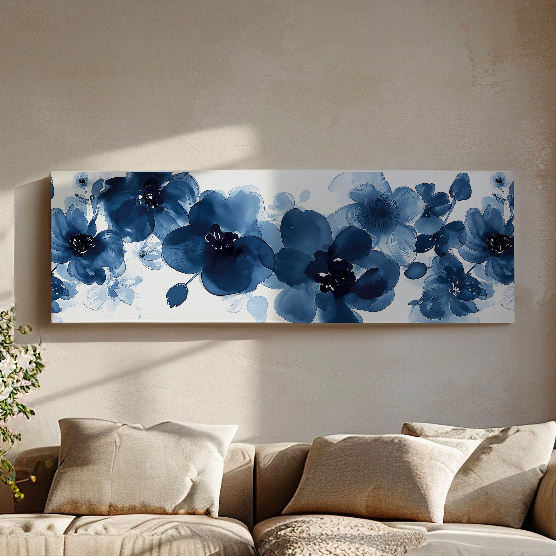 Blue Peony Above Bed Wall Art Bouquet, Panoramic Blue Floral Canvas Print, Flower Long Horizontal Canvas Art