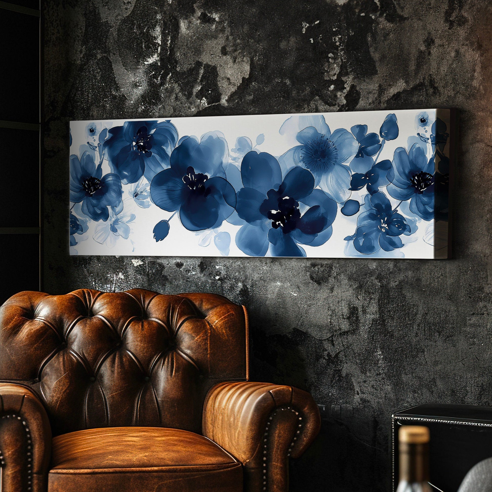 Blue Peony Above Bed Wall Art Bouquet, Panoramic Blue Floral Canvas Print, Flower Long Horizontal Canvas Art