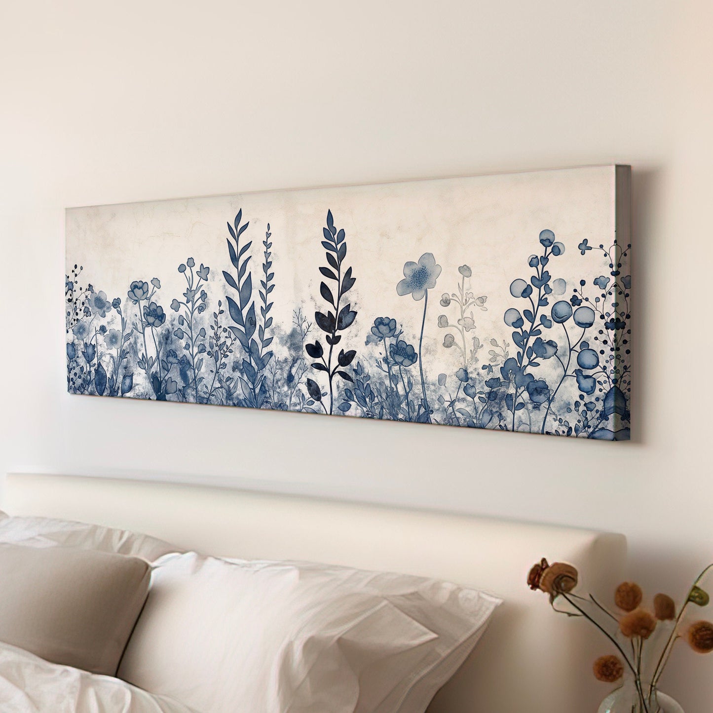 Blue Wildflowers Above Bed Wall Art Blue Abstract, Panoramic Neutral Watercolor Canvas Print, Floral Long Horizontal Canvas Art