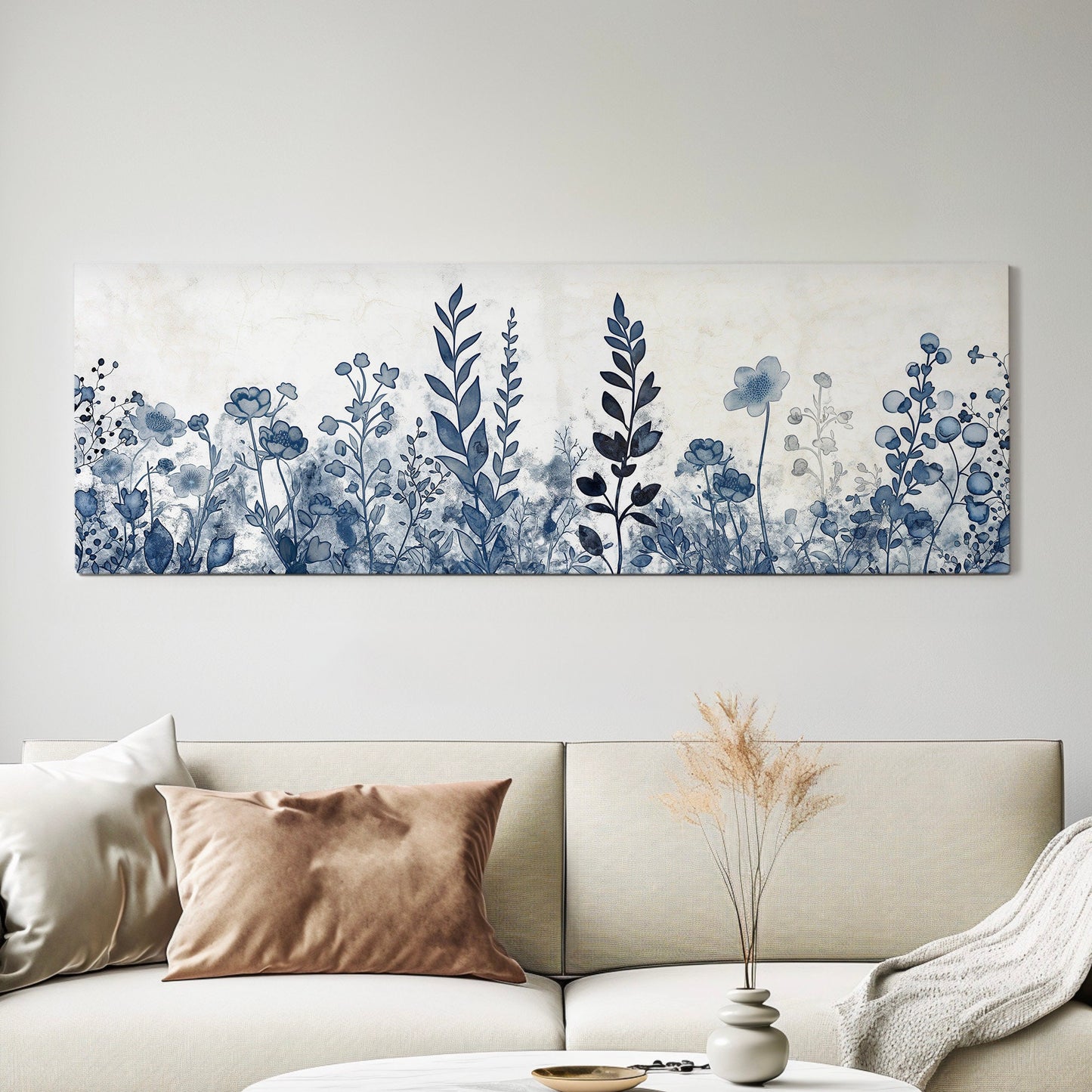 Blue Wildflowers Above Bed Wall Art Blue Abstract, Panoramic Neutral Watercolor Canvas Print, Floral Long Horizontal Canvas Art