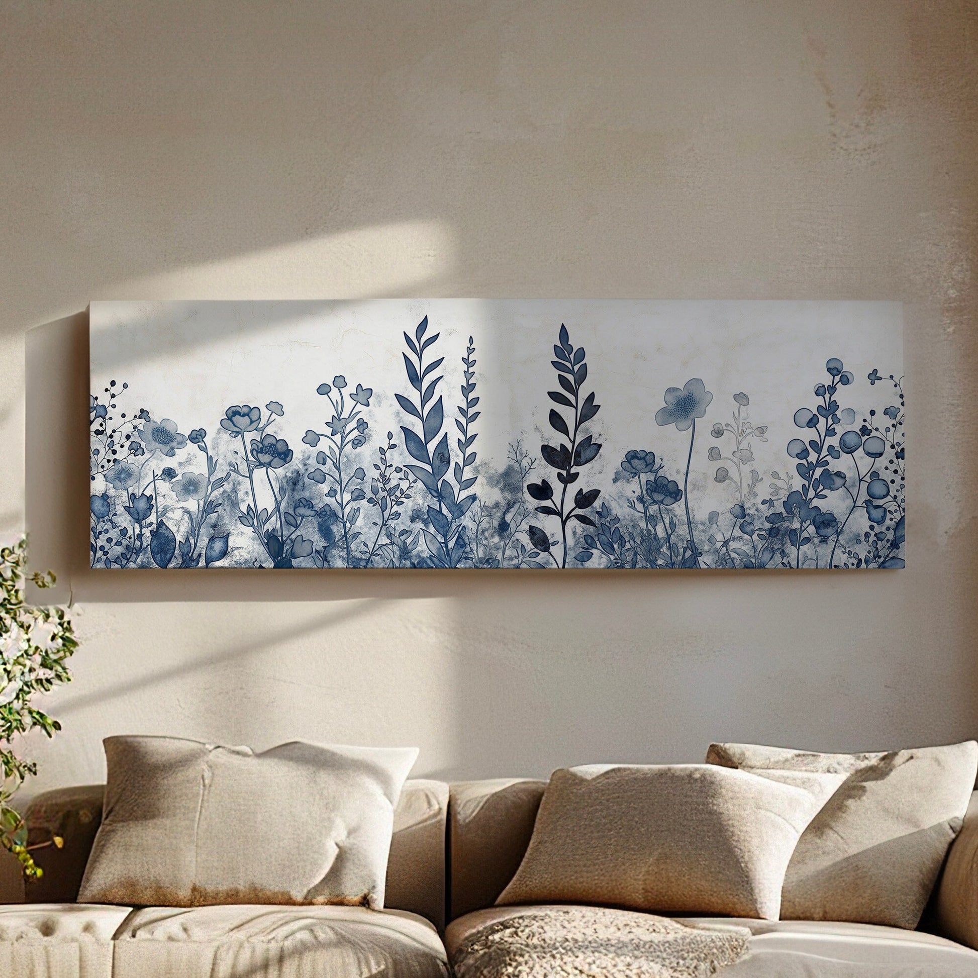 Blue Wildflowers Above Bed Wall Art Blue Abstract, Panoramic Neutral Watercolor Canvas Print, Floral Long Horizontal Canvas Art