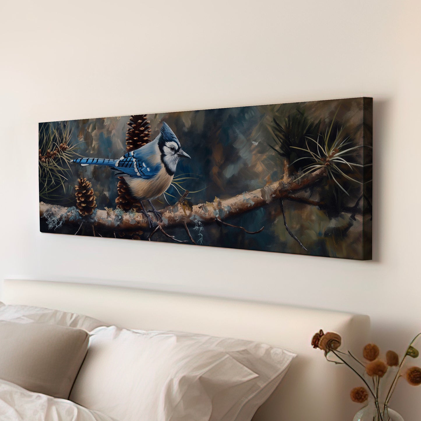 Bluejays On A Pine Tree Branch Above Bed Wall Art Nature, Panoramic Forest Canvas Print, Abstract Long Horizontal Canvas Art